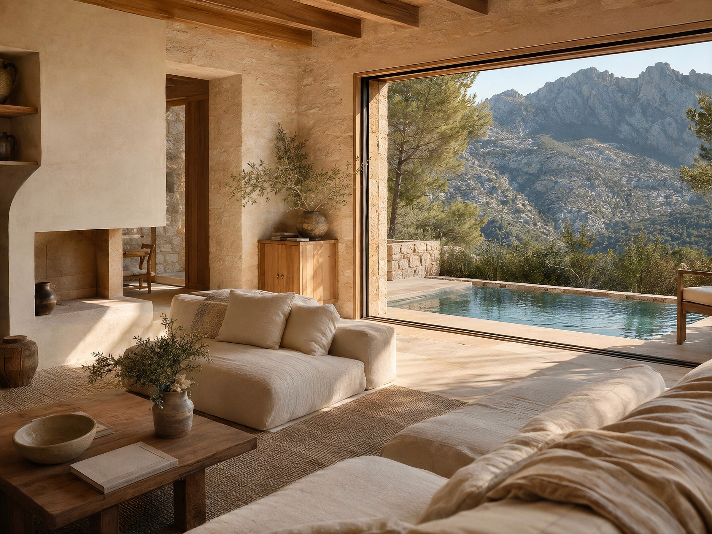 A rustic, neutral-toned living room with a large open sliding door revealing a patio, pool, and mountain view.