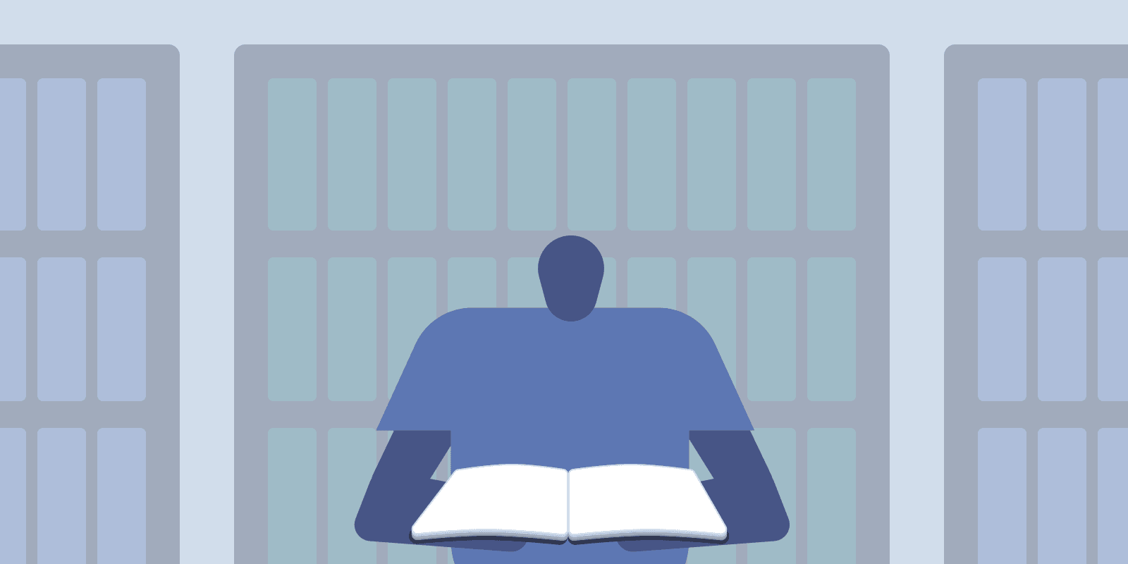 Stilisierte Vektorgrafik einer Person von hinten, die in einer symmetrisch aufgebauten Bibliothek mit großen Bücherregalen steht und ein weit geöffnetes, weißes Buch in den Händen hält, um die Struktur, feste Ankerpunkte und das präzise Wiederfinden von Daten durch Pagination zu veranschaulichen
