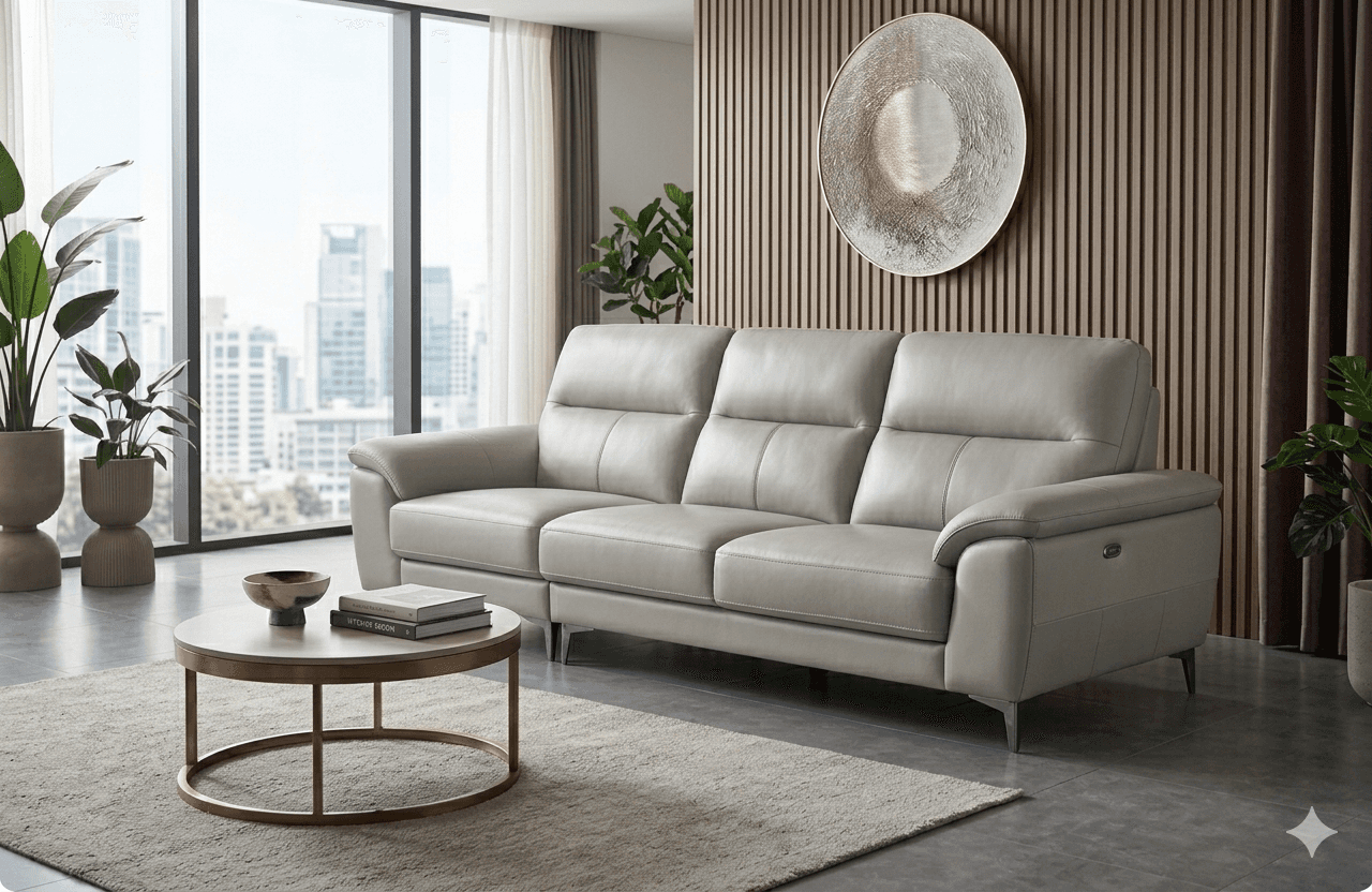 A high-end grey leather sofa in a modern, sunlit living room representing premium brand quality.
