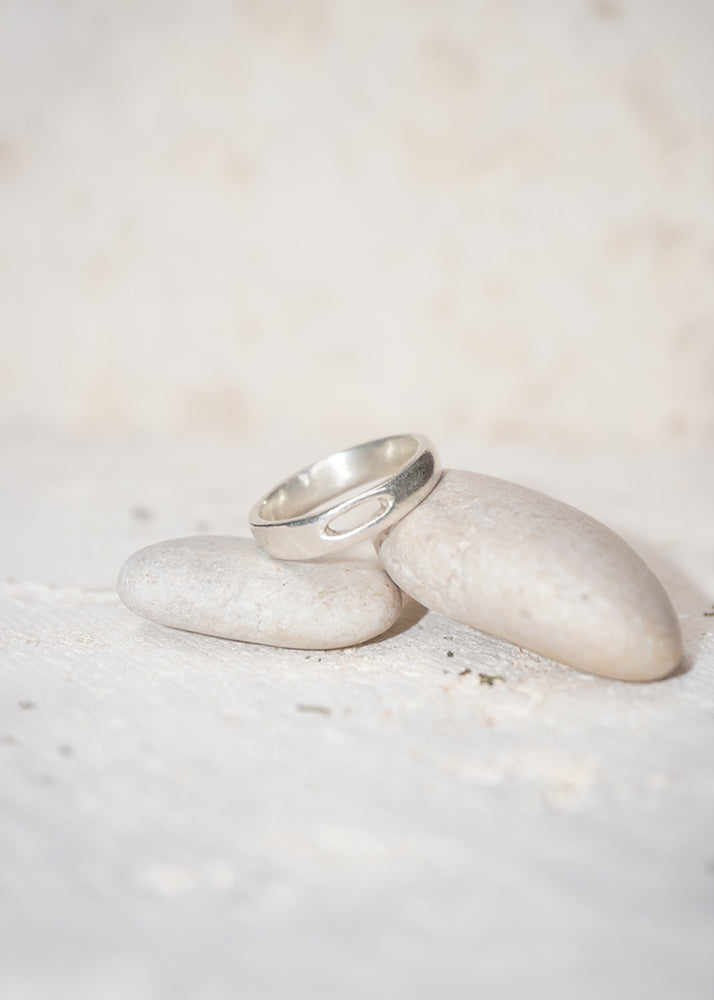 Silver ring placed in two small rocks