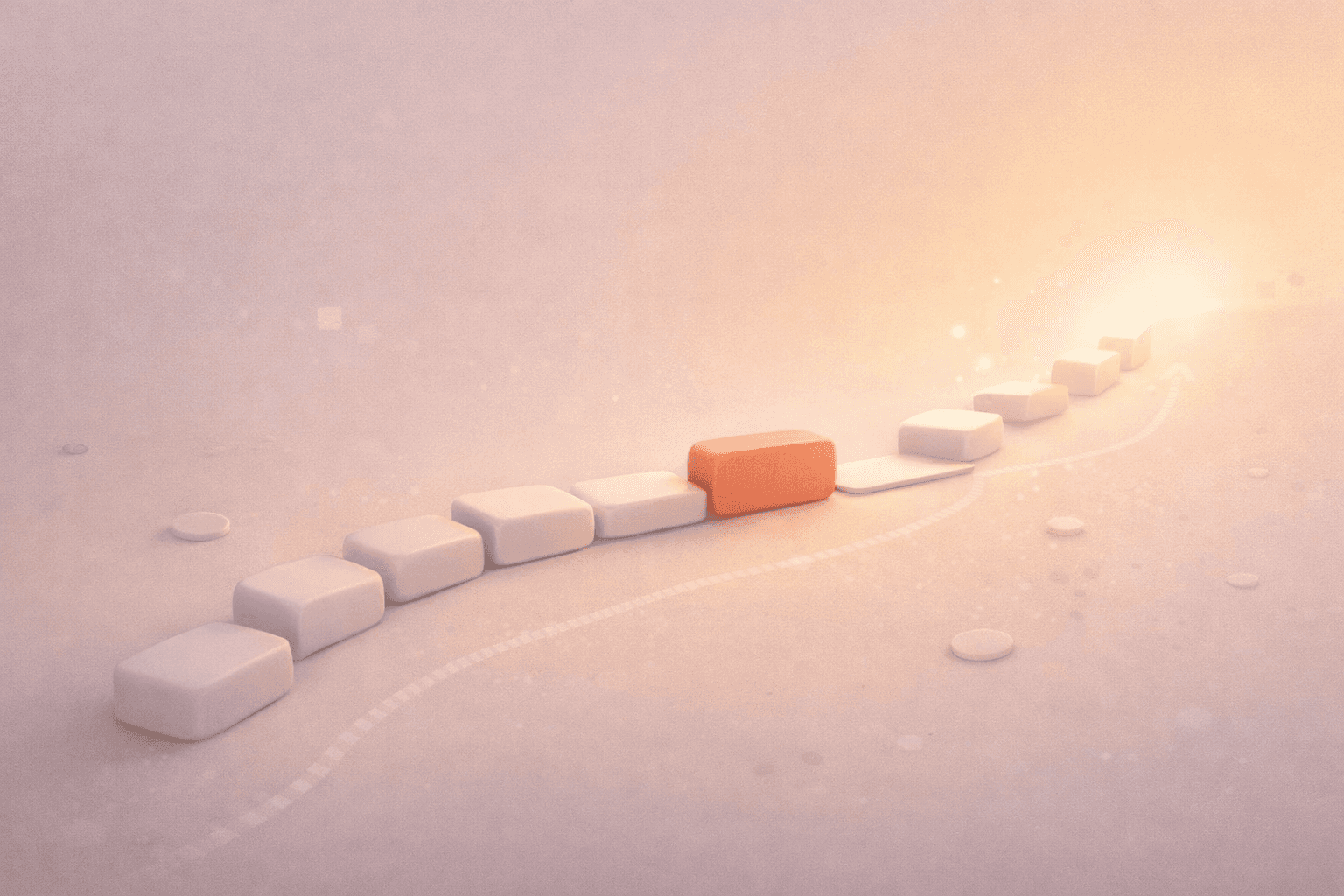 Minimalistische 3D-Illustration eines Fortschrittspfads: Abgerundete Blöcke steigen zunächst an und gehen dann in eine flache Plateaufläche über, auf der ein korallorangefarbener Fokusblock stehen bleibt. Dahinter verblassen frühere Fortschrittsschritte, während der Weg nach vorne leicht ansteigt und durch sanftes Licht einen möglichen Durchbruch andeutet. Dezente Aufgabenelemente und feine Fragmente liegen im Raum auf einem warmen cremefarbenen Hintergrund mit weichem Verlauf.
