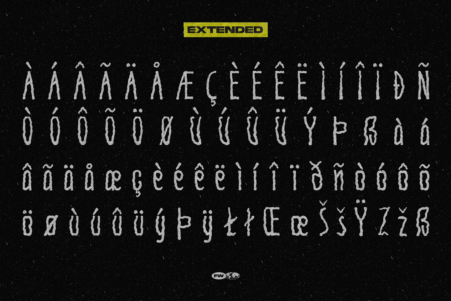 Showcase of extended Latin characters and accents included in the AntiStroke handwritten font character set