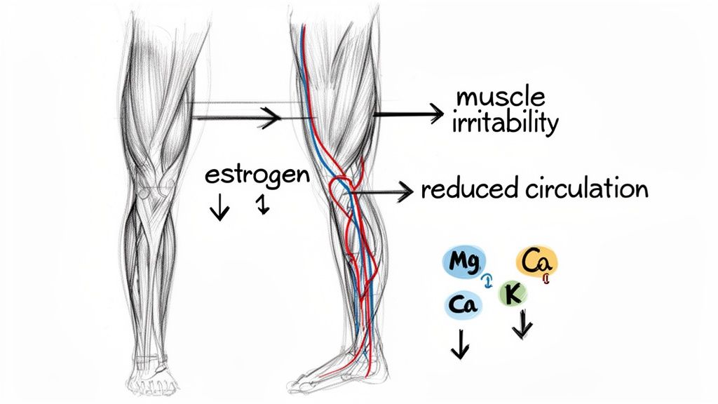 Diagram illustrating the effects of lower estrogen and mineral changes on leg muscle irritability and circulation.