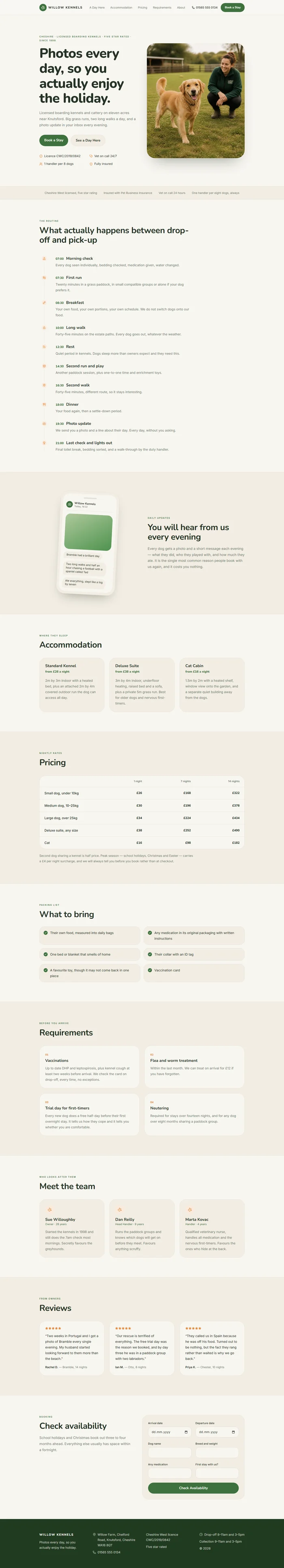 Full pet boarding website design: kennel hero, daily routine, photo updates, accommodation, pricing