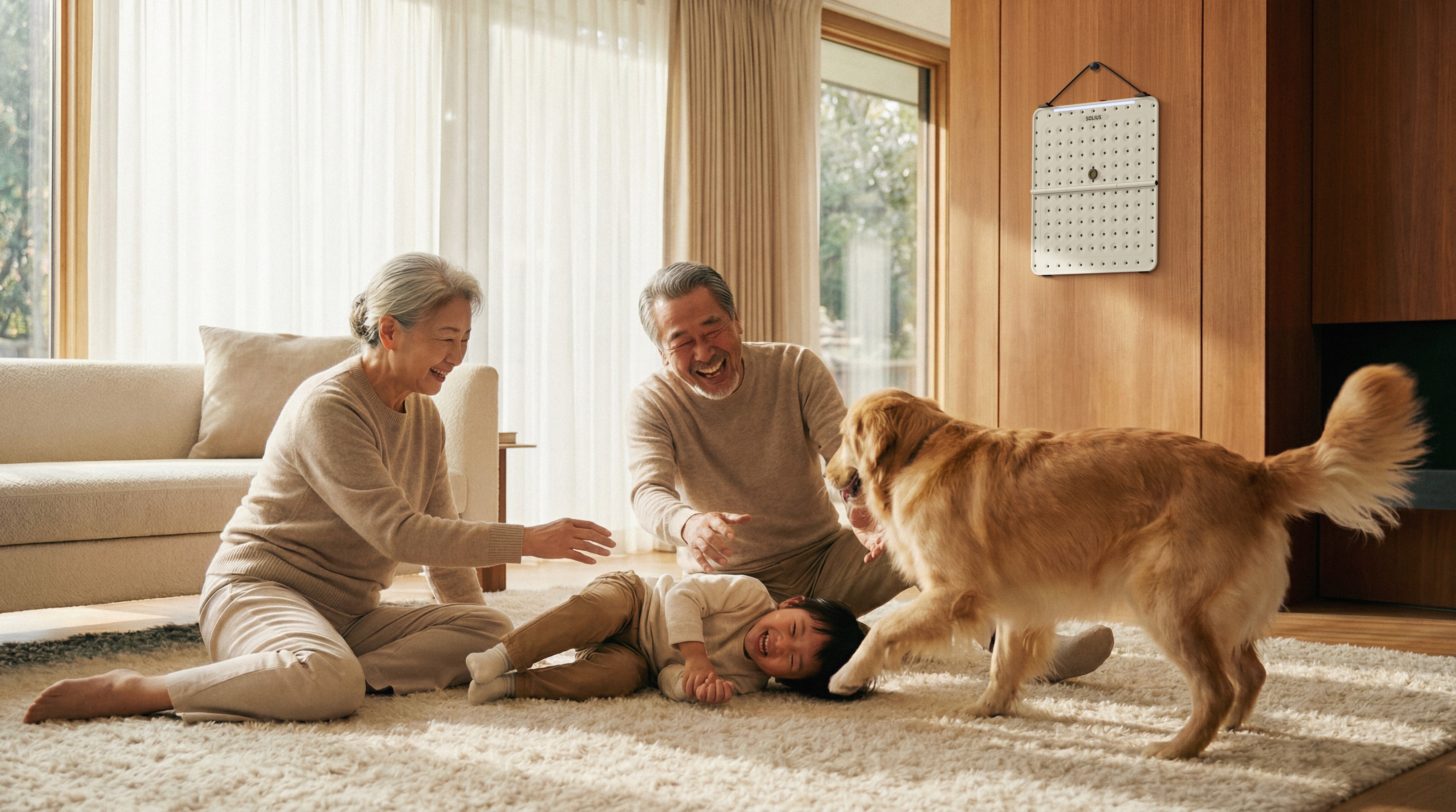 An older couple playing on the floor with a young child and a golden retriever in a bright, cozy living room with natural light