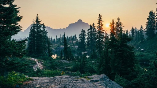 A scenic view of mountains at sunset, surrounded by pine trees and a winding path.