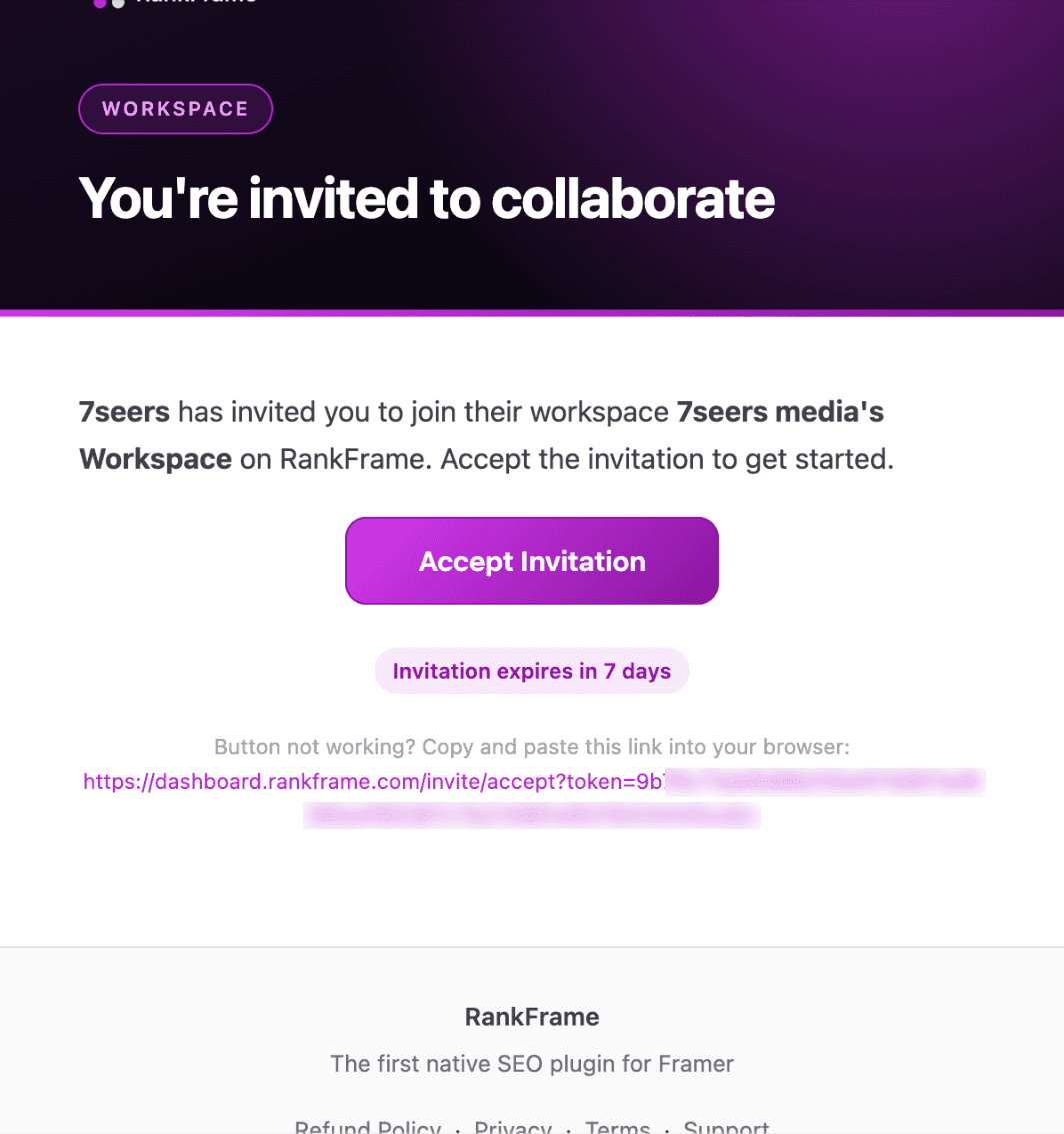 RankFrame workspace invitation email with an Accept Invitation button