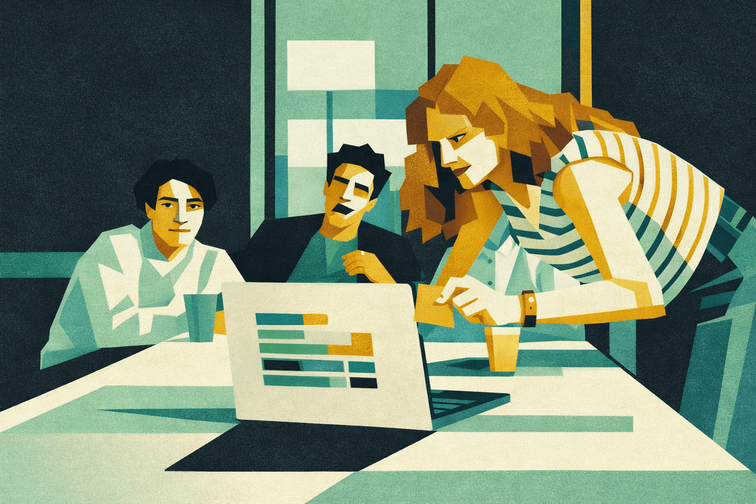 Professionisti over 30 che analizzano insieme dati e opzioni di lavoro, cercando una nuova direzione dopo una fase di blocco