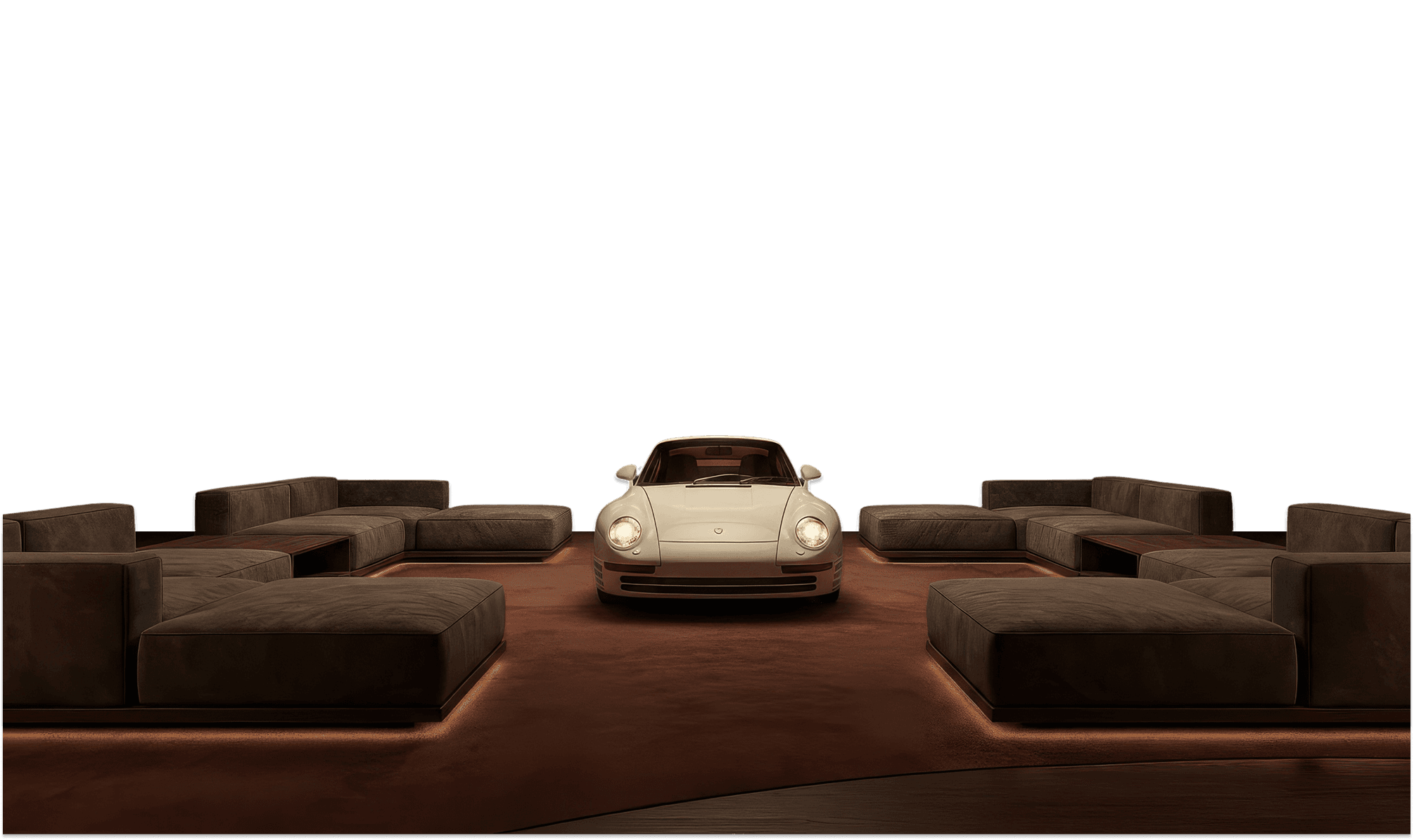 Air-cooled Porsche on a carpet surrounded by furniture, very cool vibe, classic car inspired design and moody comfort, lounge area with nice under sofa led lighting