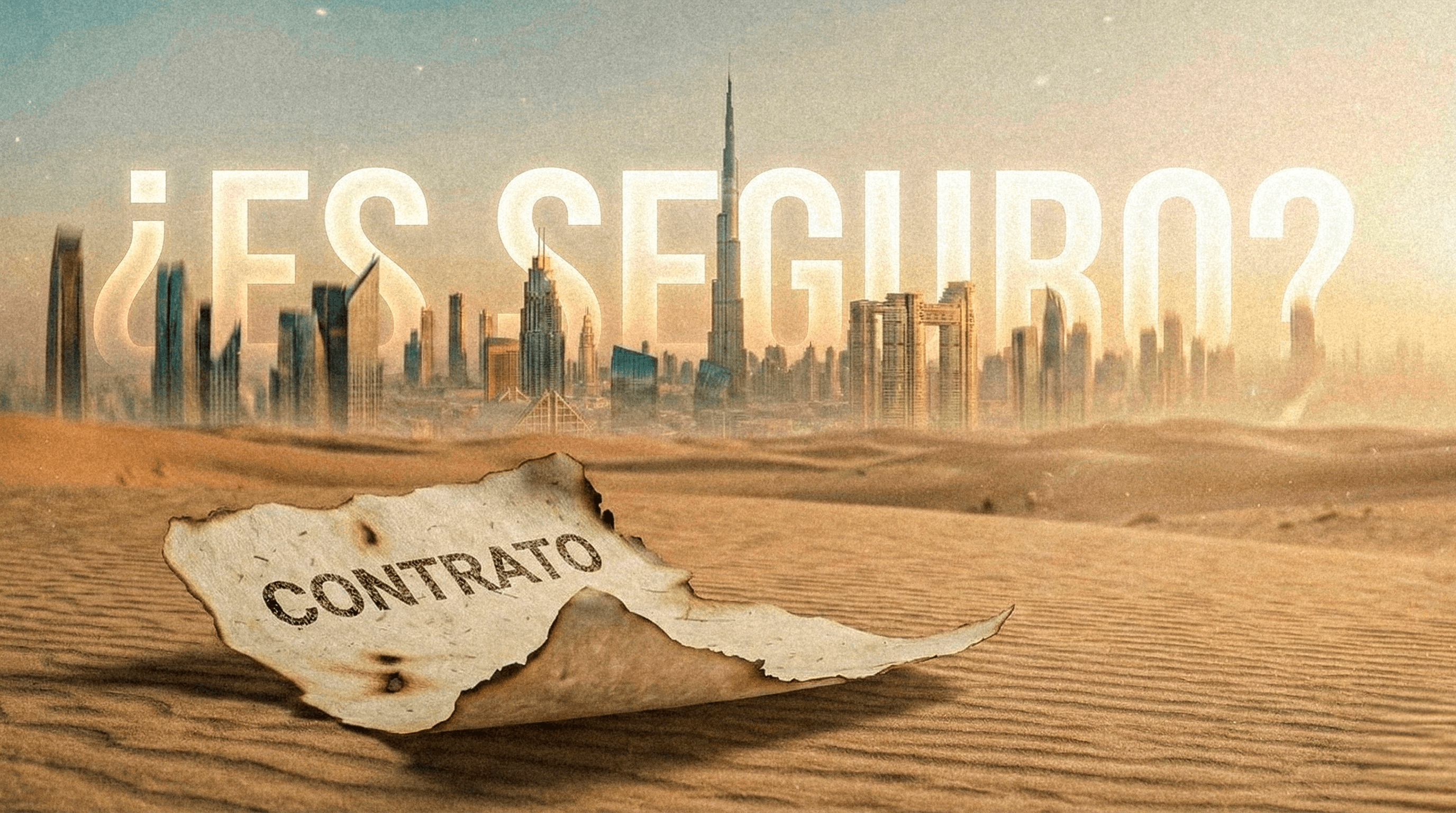 Contrato en el desierto frente al skyline de Dubái, simbolizando dudas sobre la seguridad de invertir en Dubái.