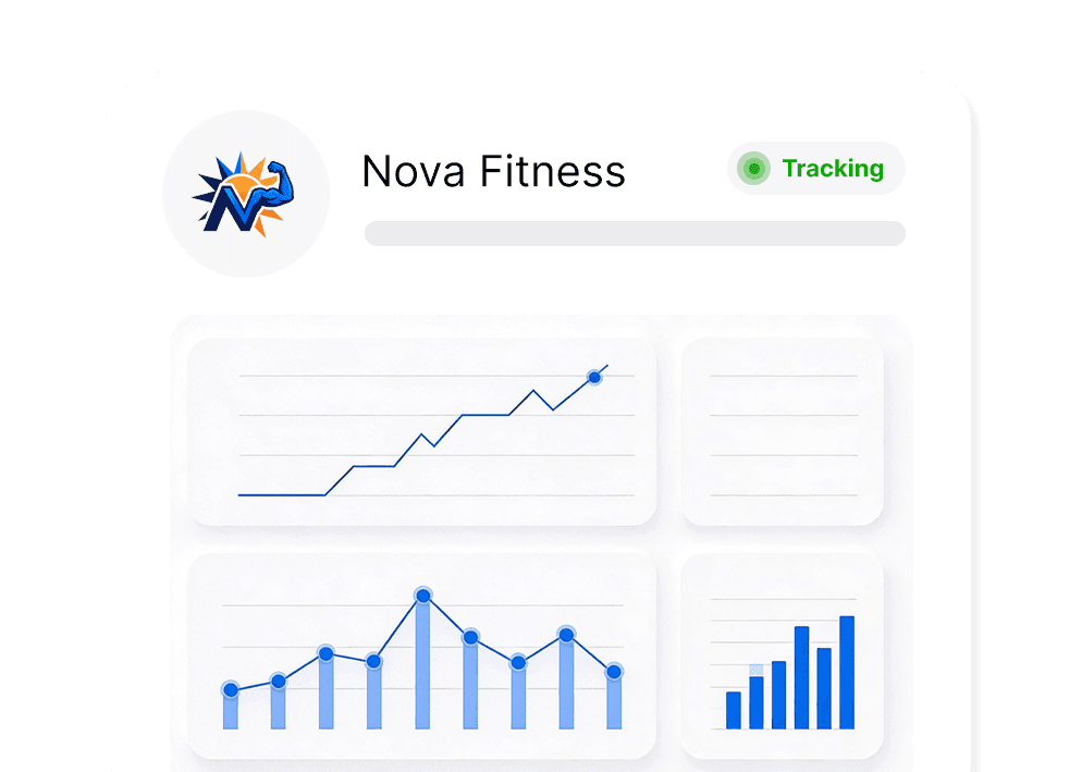 Nova Fitness dashboard with an N-shaped muscular arm logo, tracking status, and charts showing upward growth trends.
