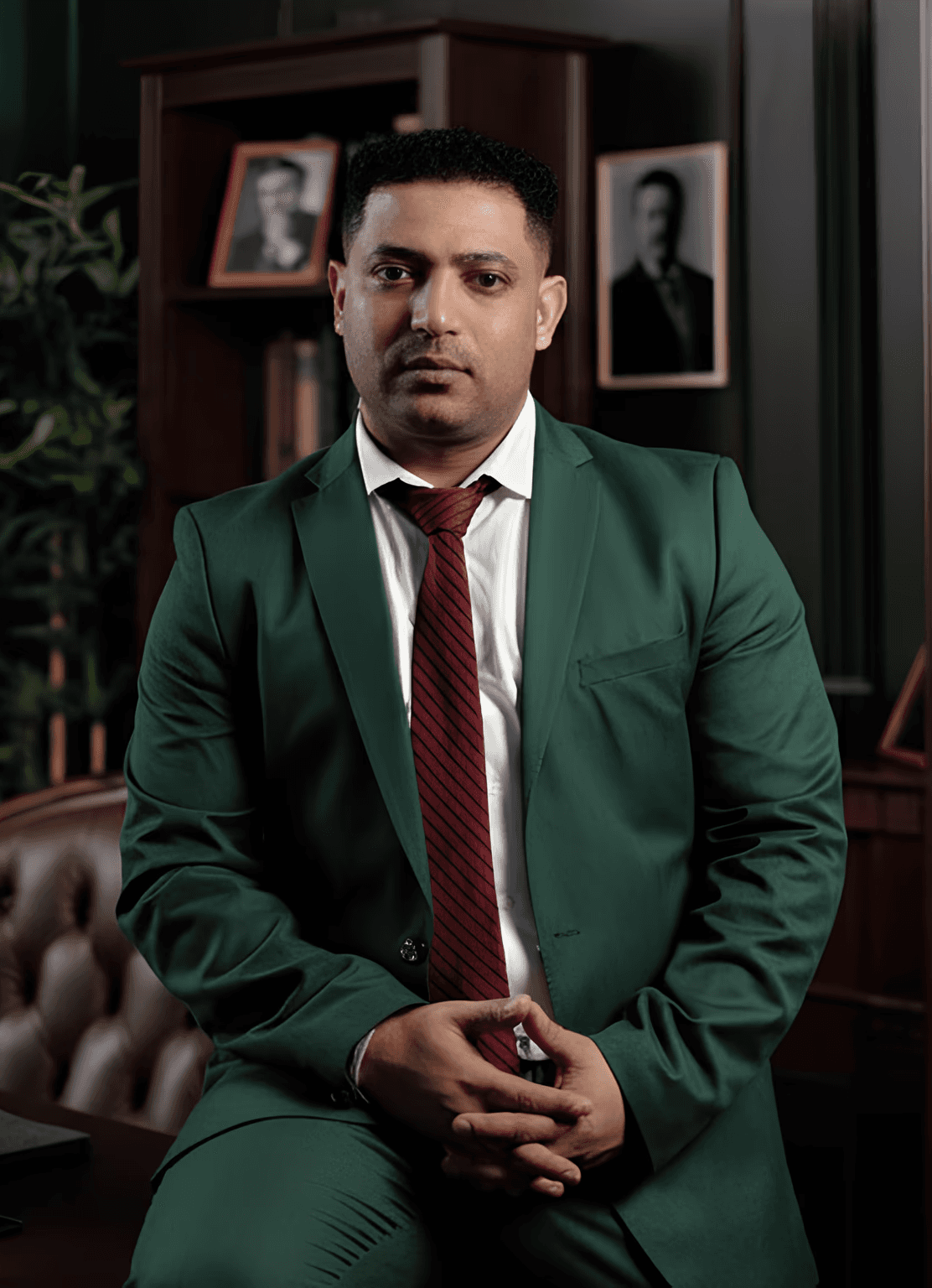 A lawyer working on desk, face should be visible. Keep person right using rule of third. Colour tone should be deep green. HD