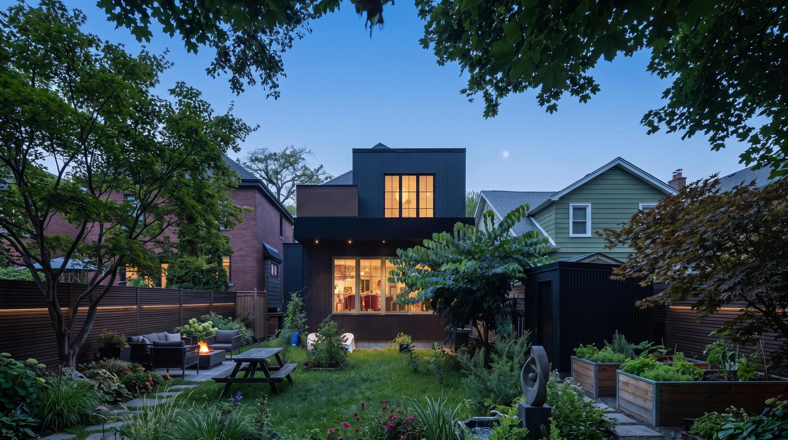 Modern century home addition exterior at dusk in Hamilton ON featuring custom Windsor wood-clad windows supplied by WD Craftline