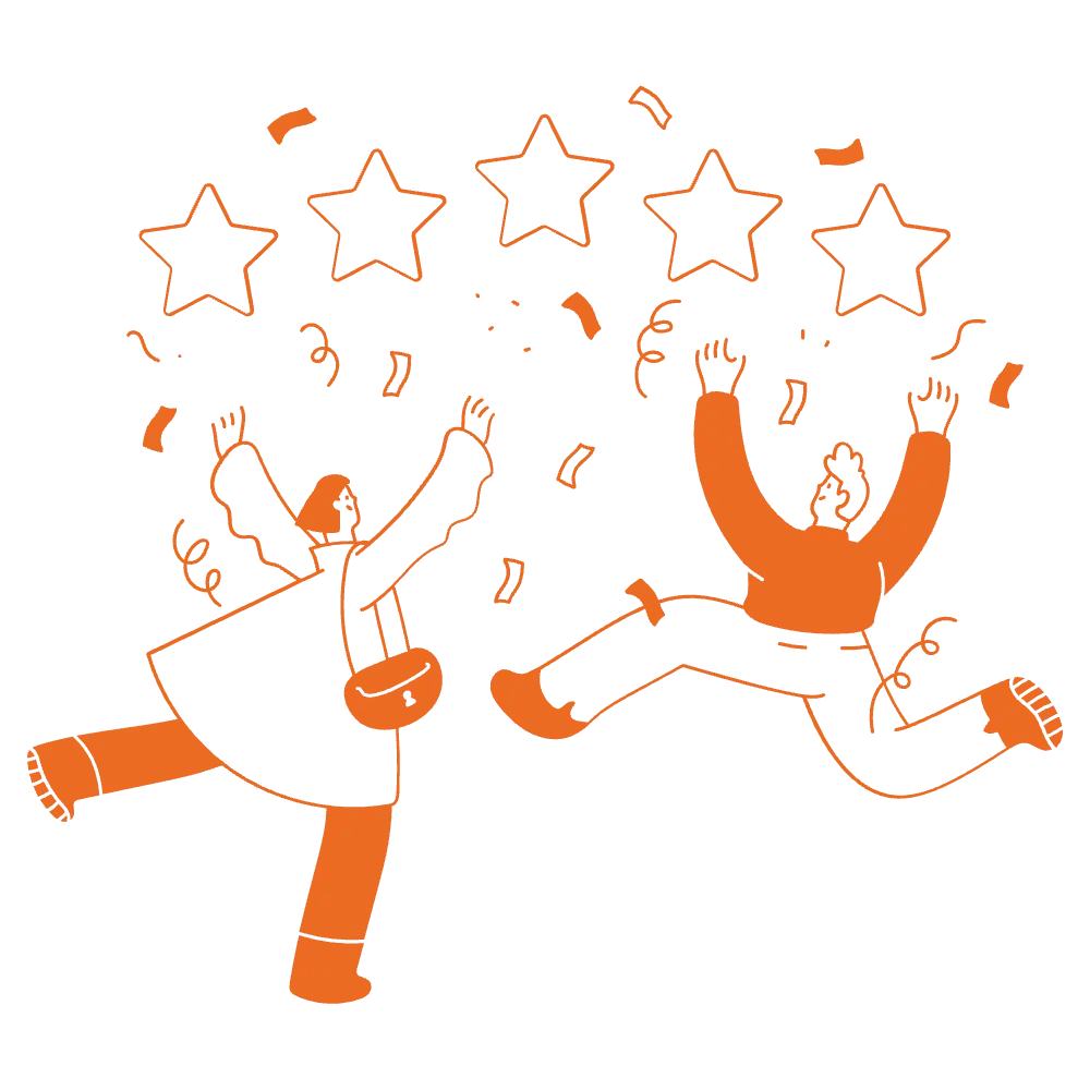 Illustration of two people celebrating with five stars and confetti representing team expression and recognition