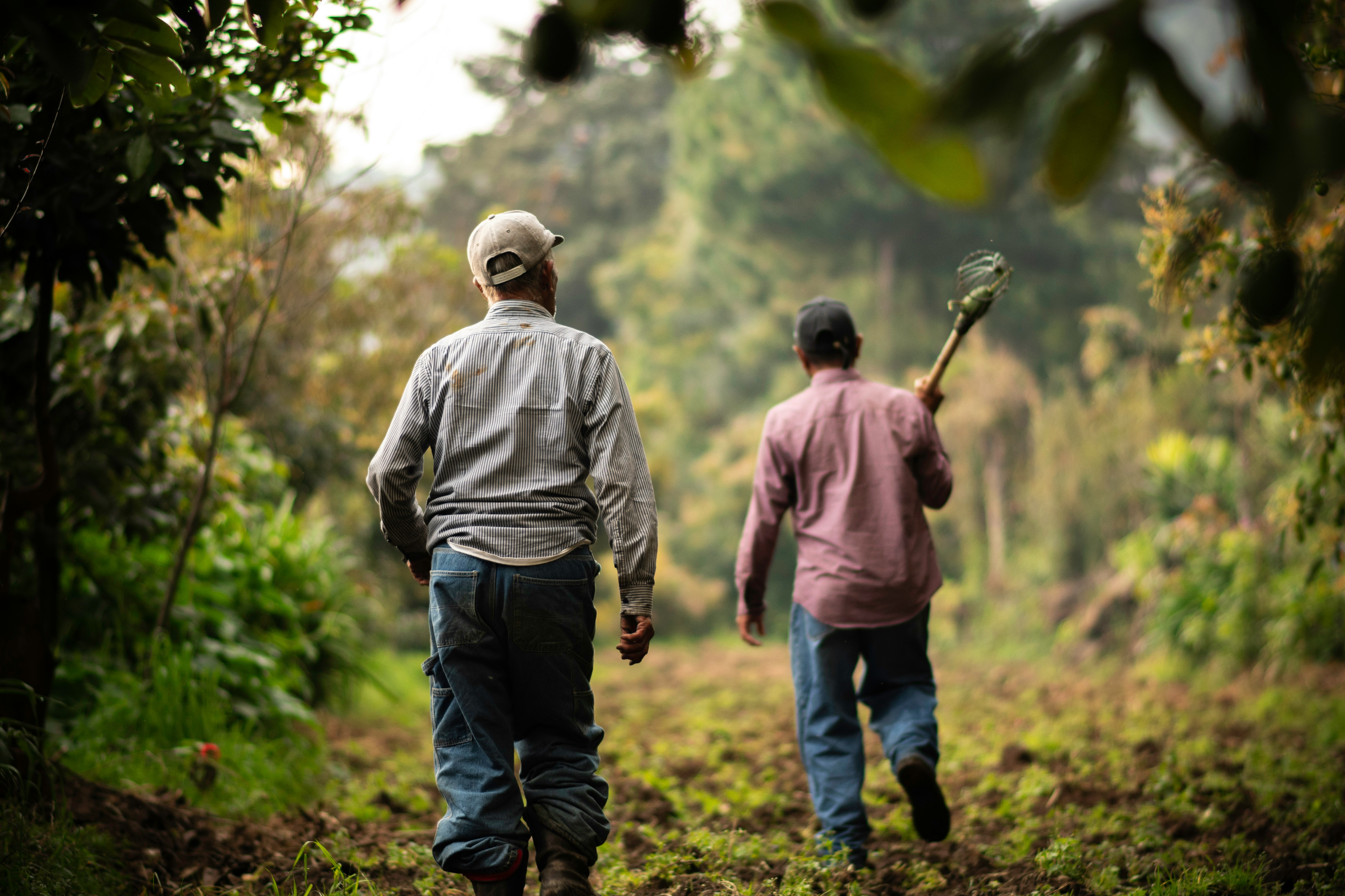 un couple d'hommes marchant sur un chemin de terre