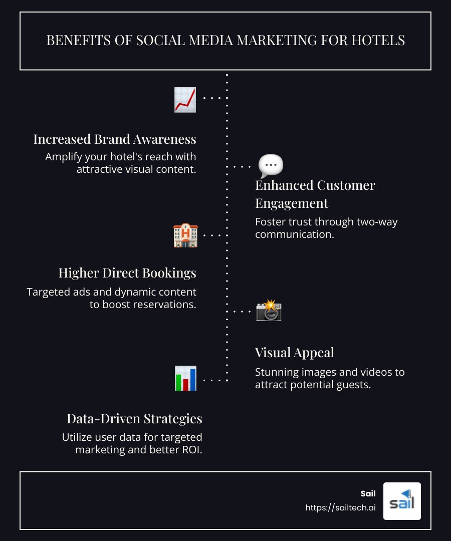 infographic on social media marketing benefits for hotels - effectiveness of social media marketing on hotels infographic infographic-line-5-steps-dark