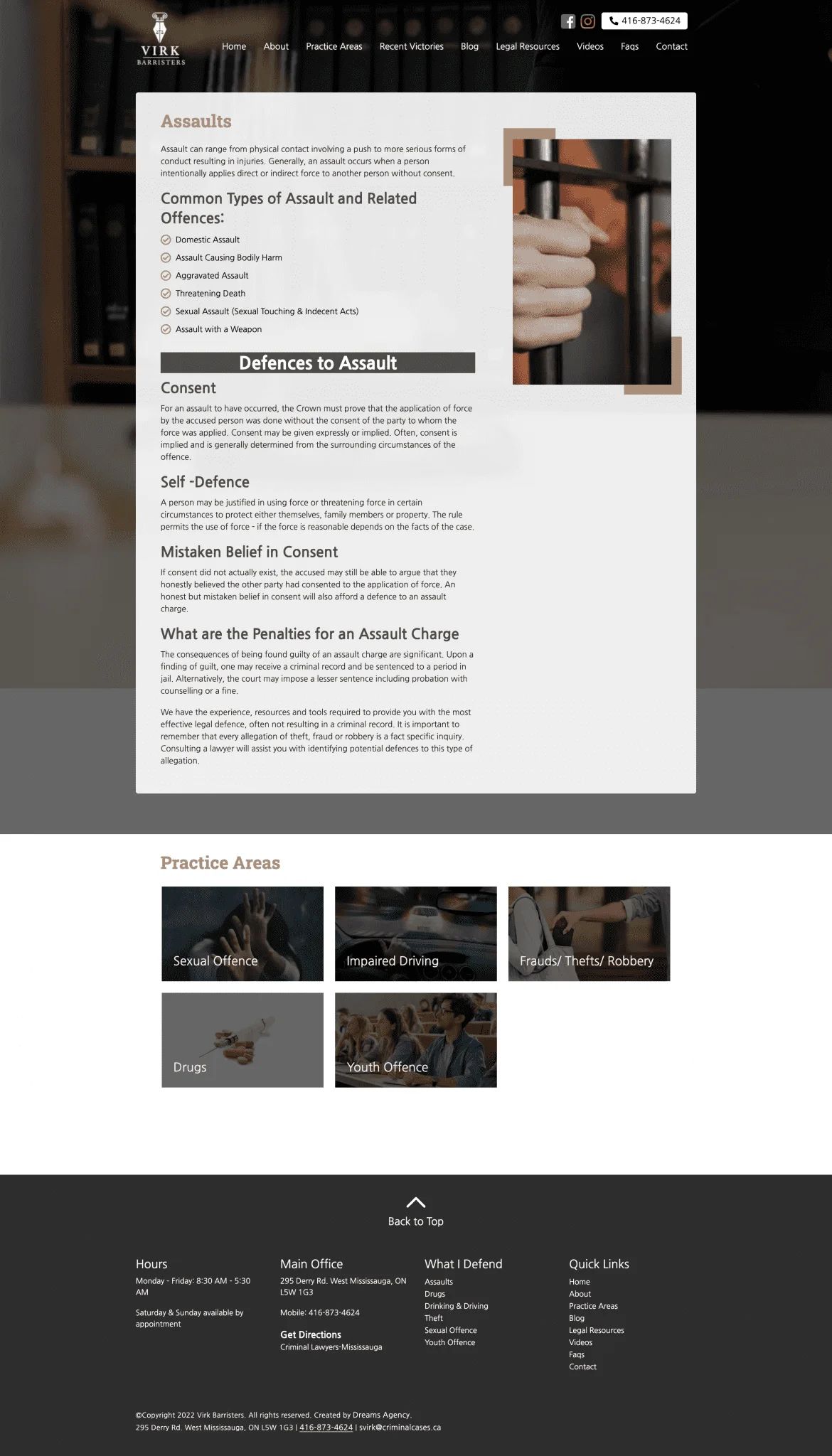 Assults page for virkbarristers website developed & designed by Dreams Agency Mississauga, Ontario