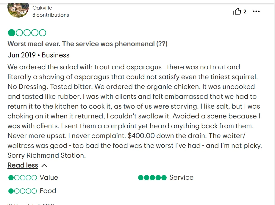 A customer giving a negative food review