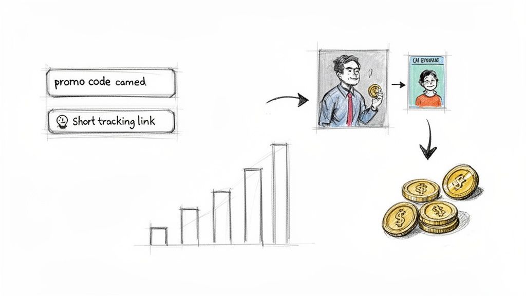 Hand-drawn illustration showing promo code, tracking link, influencer, customer, and increasing revenue.