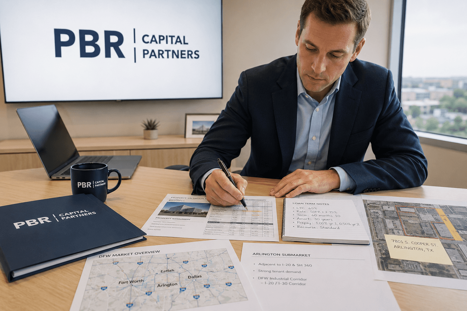 PBR Capital Partners executive reviewing Arlington commercial real estate financing documents and property analysis reports at office desk.