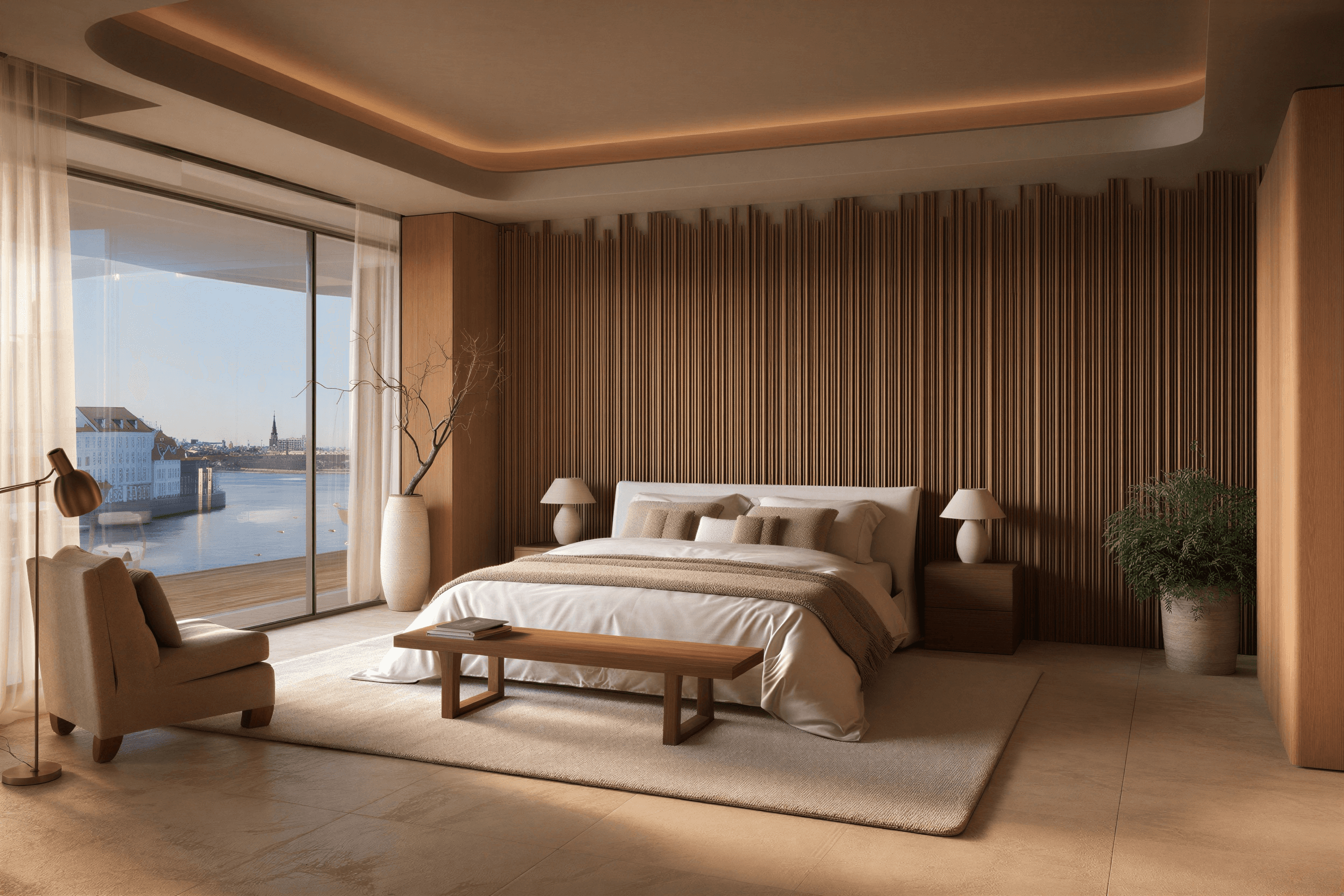 Modern bedroom with warm wood accent wall and neutral furnishings