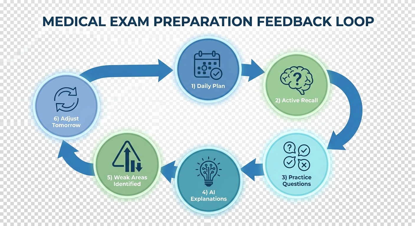 Medical exam prep feedback loop cycle showing daily readiness improvement