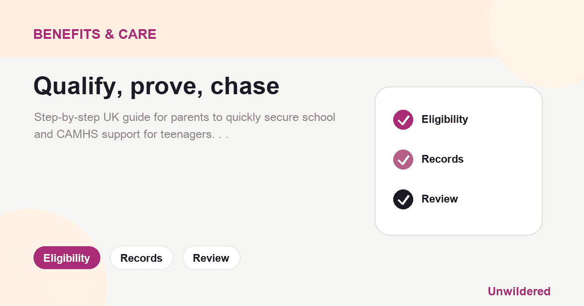 Explainer card for PMDD in teenage girls: How to expedite support from school and CAMHS: Eligibility, Records, Review.