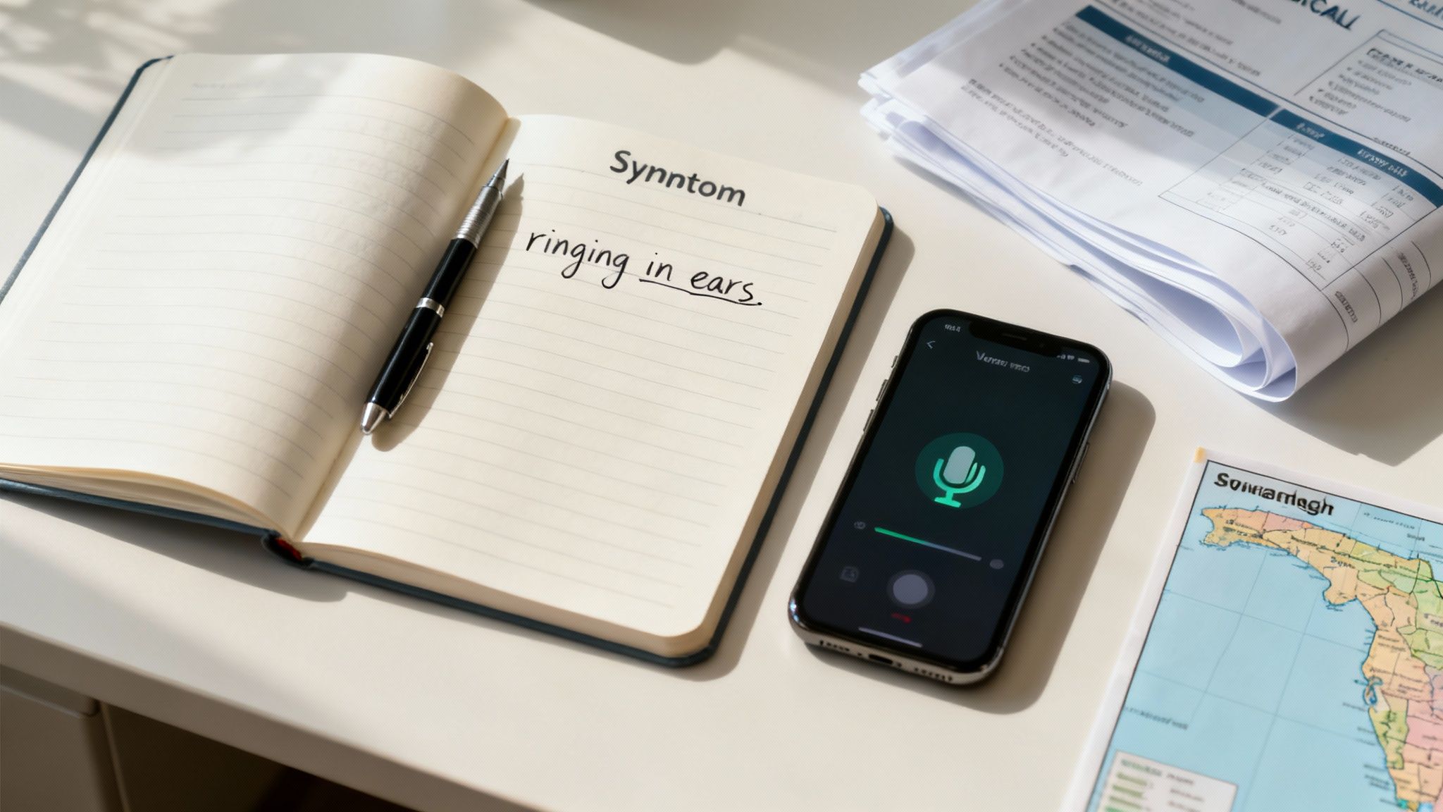 A person writing in a journal at a desk, with medical documents and receipts organized nearby.