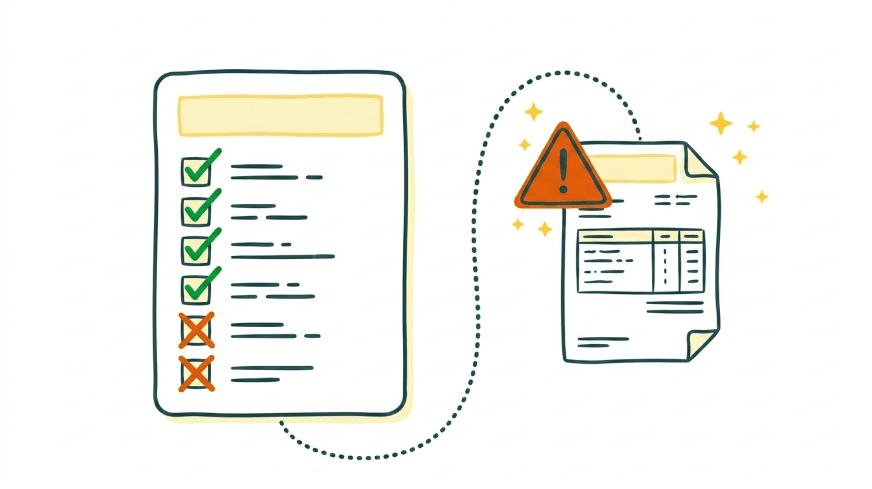 Checklist with items checked in green and two items marked with red X marks, connected by a dotted arrow to a document with an orange warning triangle, symbolizing QuickBooks AP automation limitations