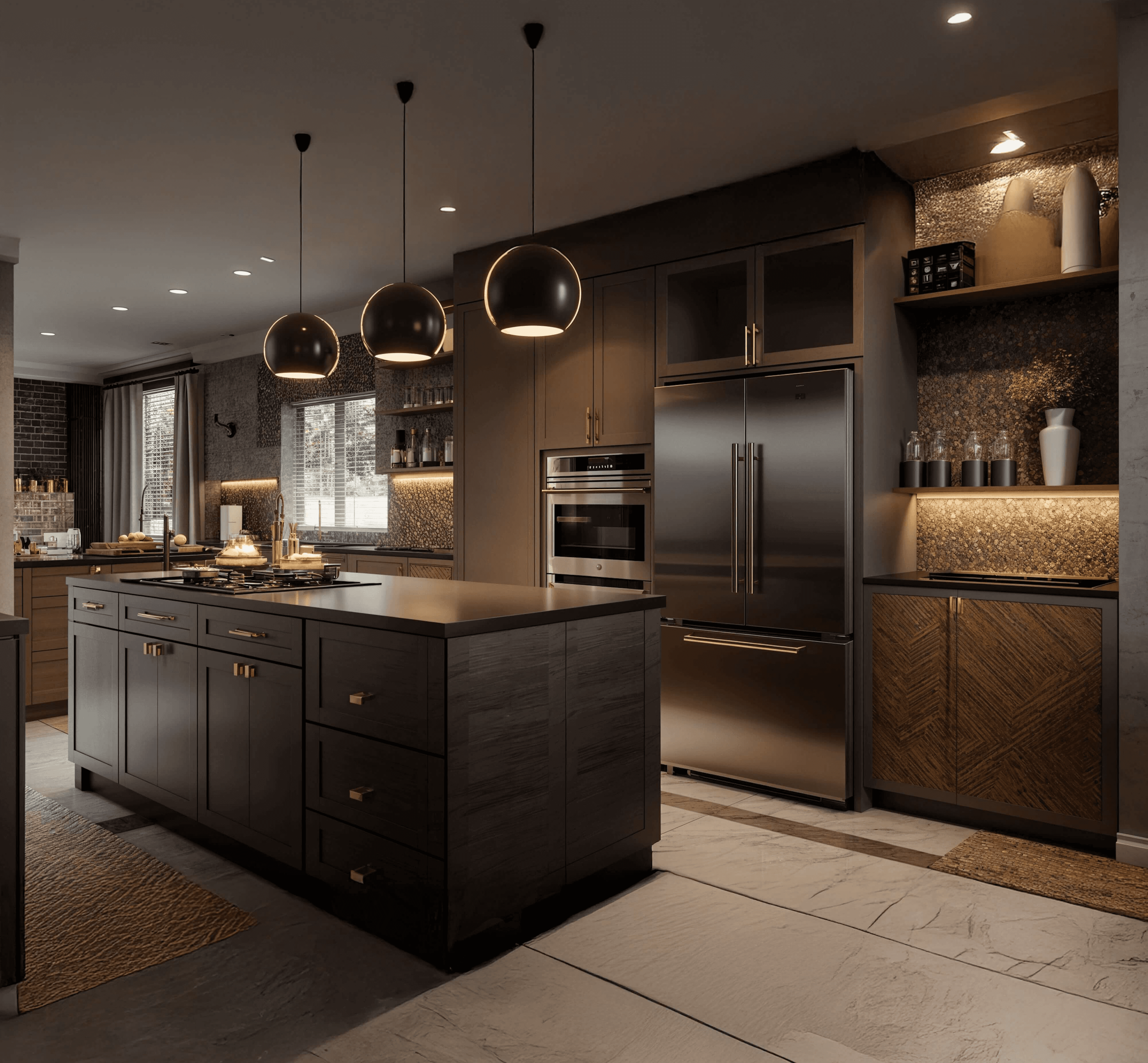 Moody charcoal kitchen with black island, globe pendants, and warm layered lighting.