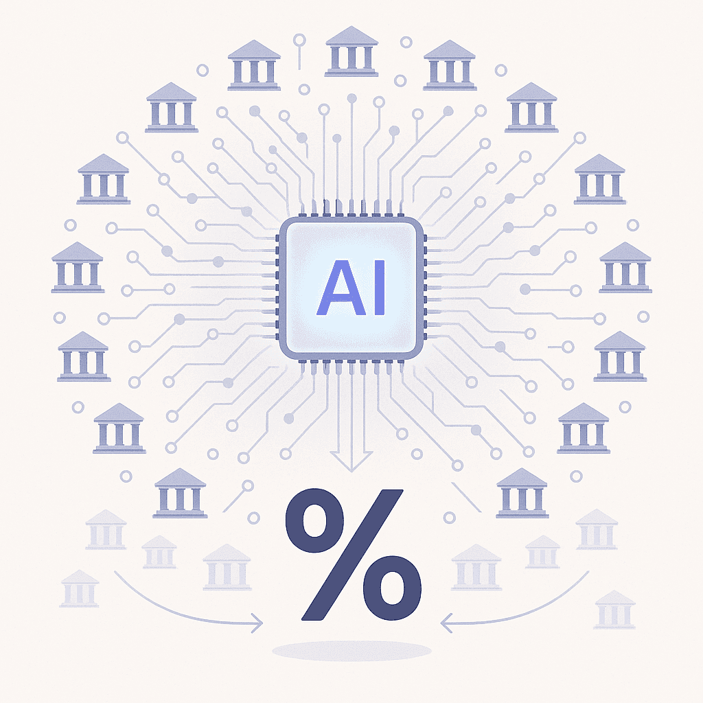 Diagram of an AI hub linking many lenders and funneling into a lower interest rate symbol