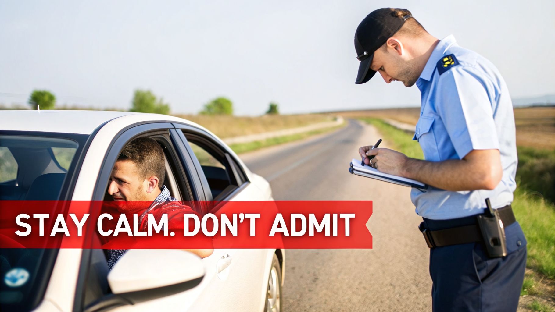 A police officer writes a ticket for a driver in a white car, with text 