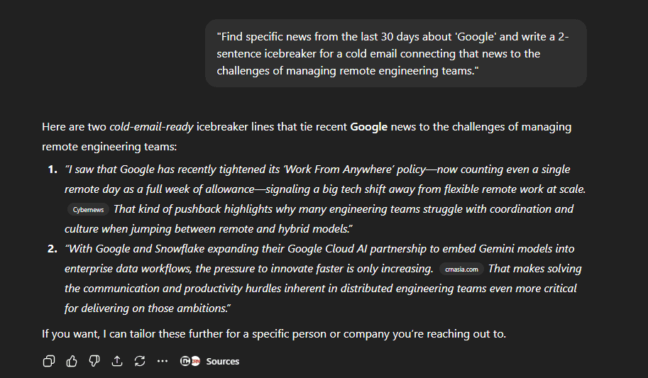 ChatGPT5.2 generating generic cold email icebreakers about Google's remote work policy and Snowflake partnership.