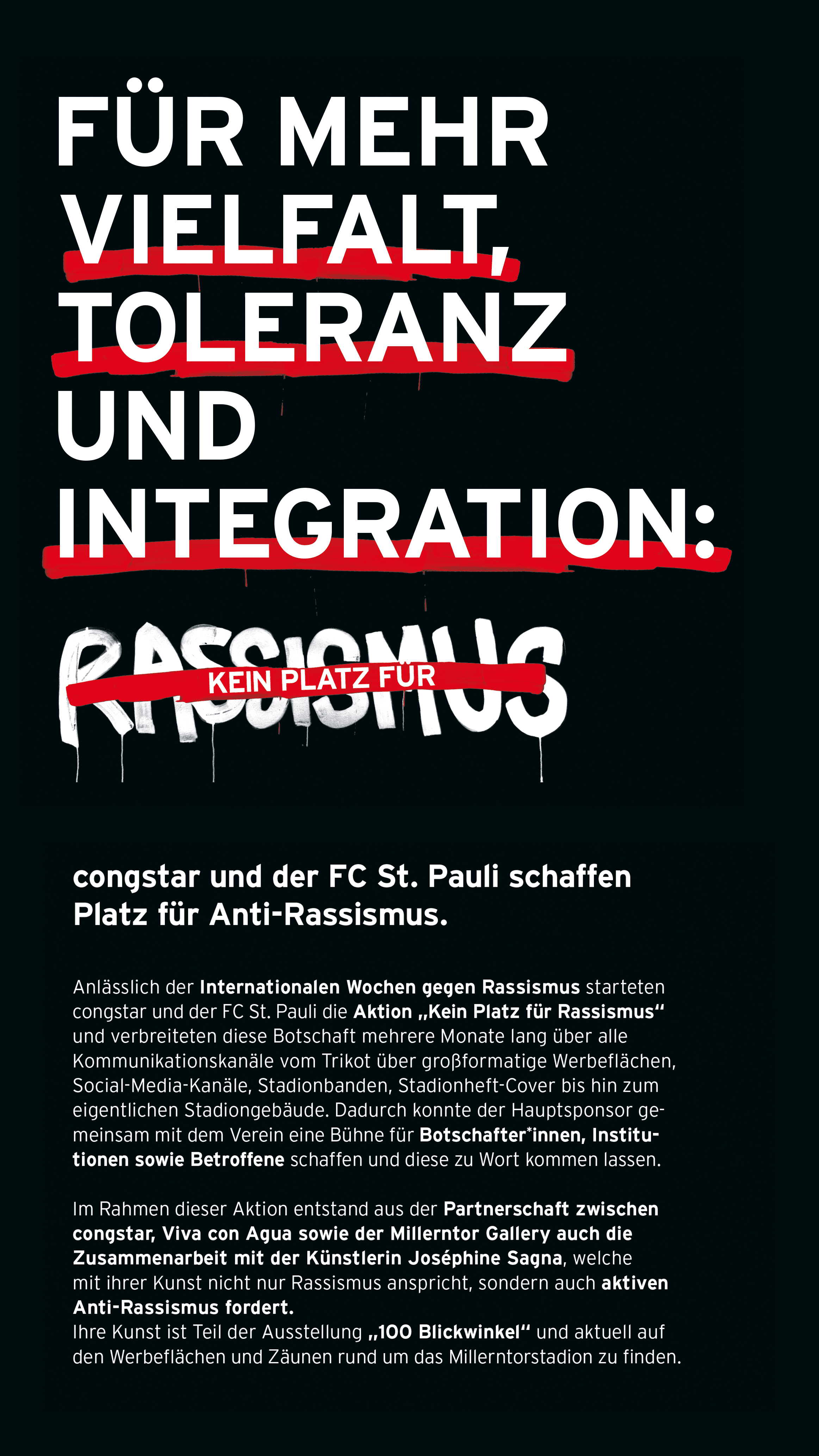 Campaign poster promoting diversity, tolerance and anti-racism through the congstar and FC St. Pauli partnership.