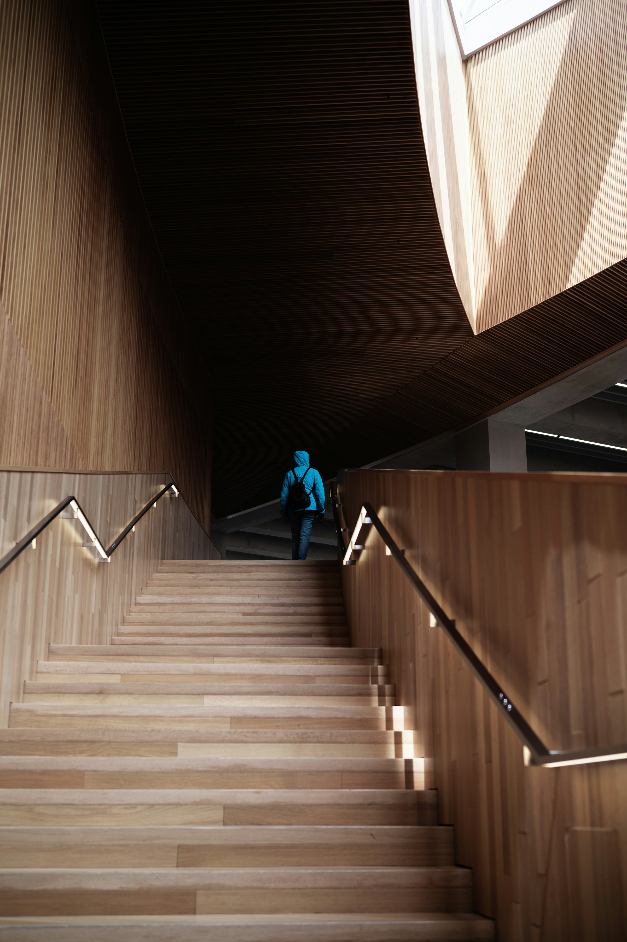 Minimalist interior with a dark wooden table, black vase, dried branches, and arched wall opening bathed in soft sunlight.