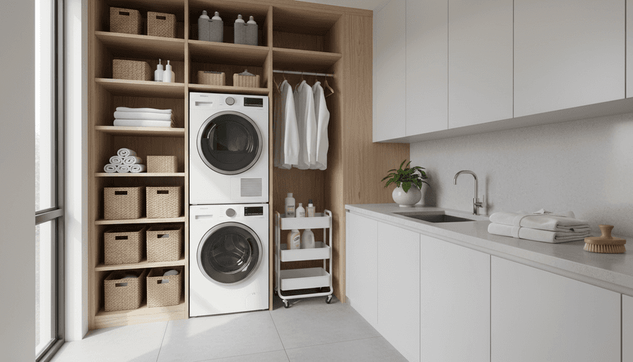 Modern laundry room with stacked washer and dryer, wooden shelving with woven baskets, neatly folded towels, hanging white shirts, minimalist countertop with sink, indoor plant, and bright natural light.