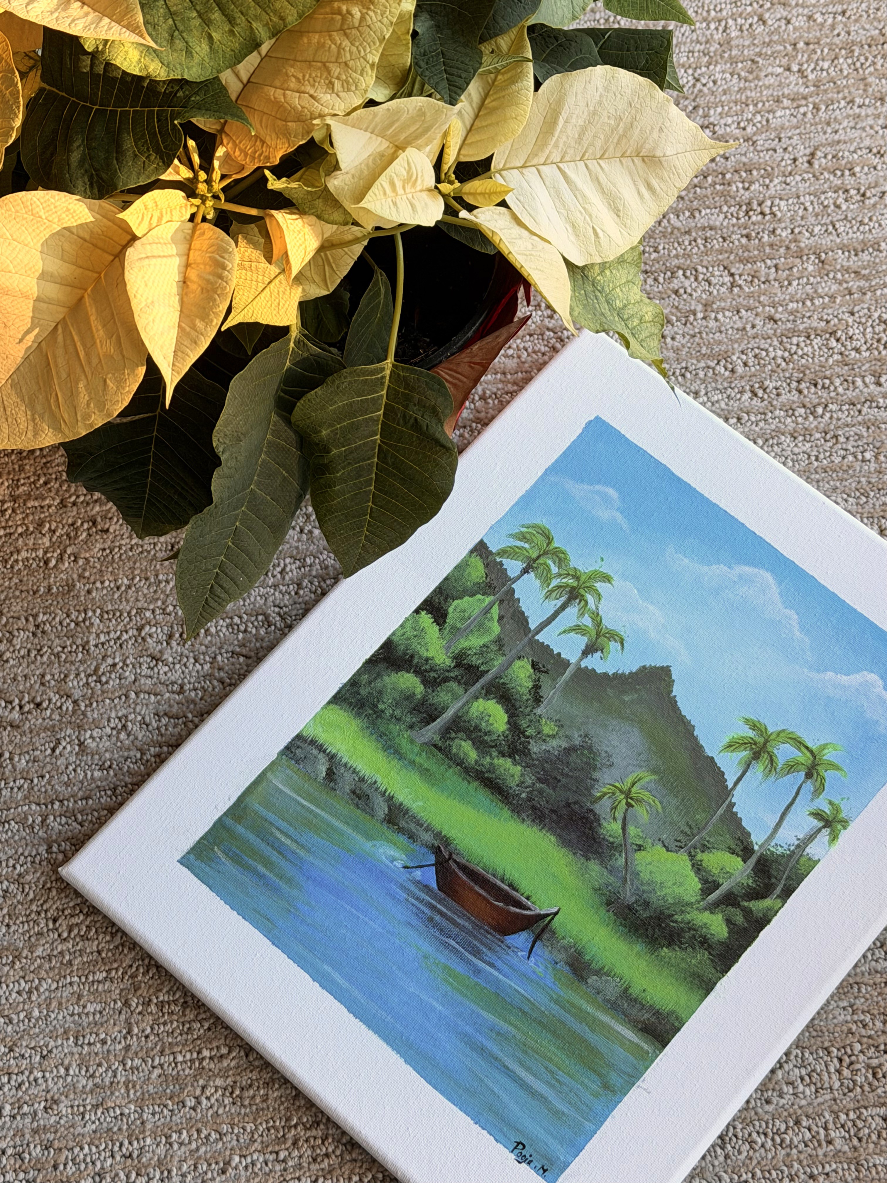 Green car under neon lights in a rainy city street