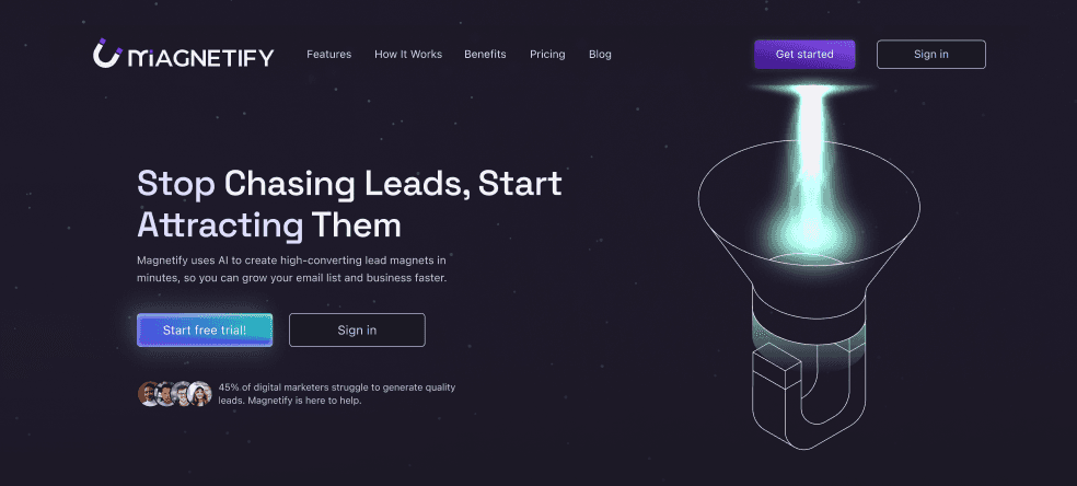 Hero section of the Magnetify website, featuring a magnetic funnel illustration that visualizes lead attraction.