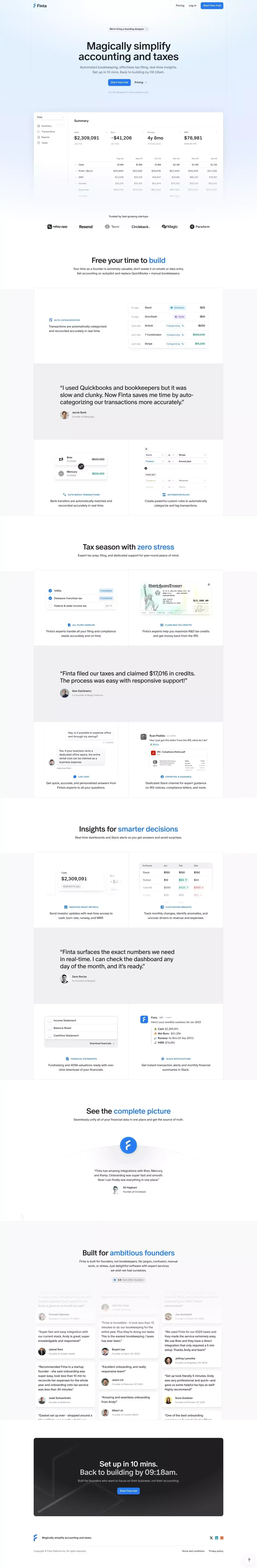 Finta: Taxes & Accounting Simplified landing page screenshot showcasing Finance and Tech design