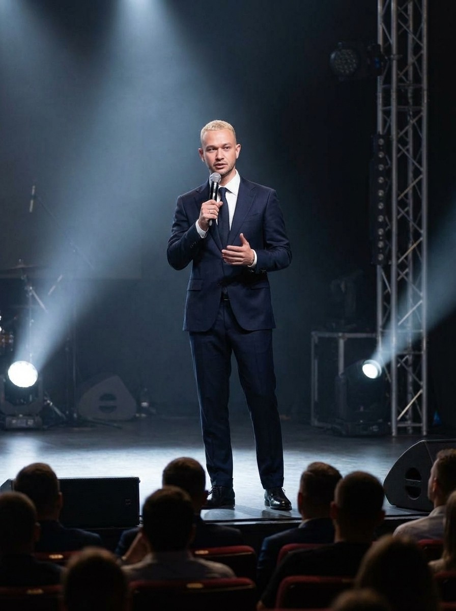 Young woman in a white shirt with a colorful gradient print, against a plain background.