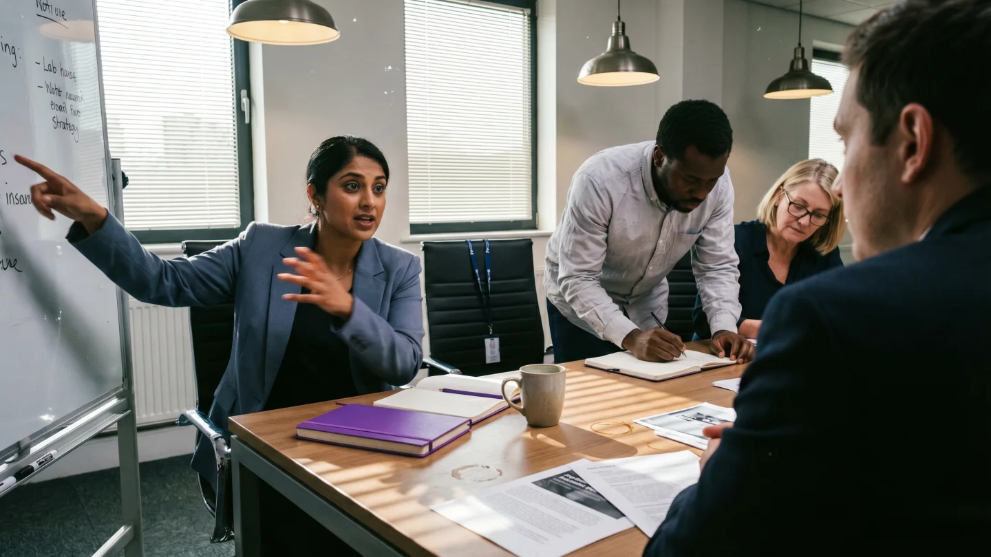 Over-the-shoulder view of a diverse four-person committee mid-discussion in a daylit office, woman at whiteboard pointing at a business plan, man taking notes, two others listening, deep purple leather notebook on the table, venetian blind stripe shadows