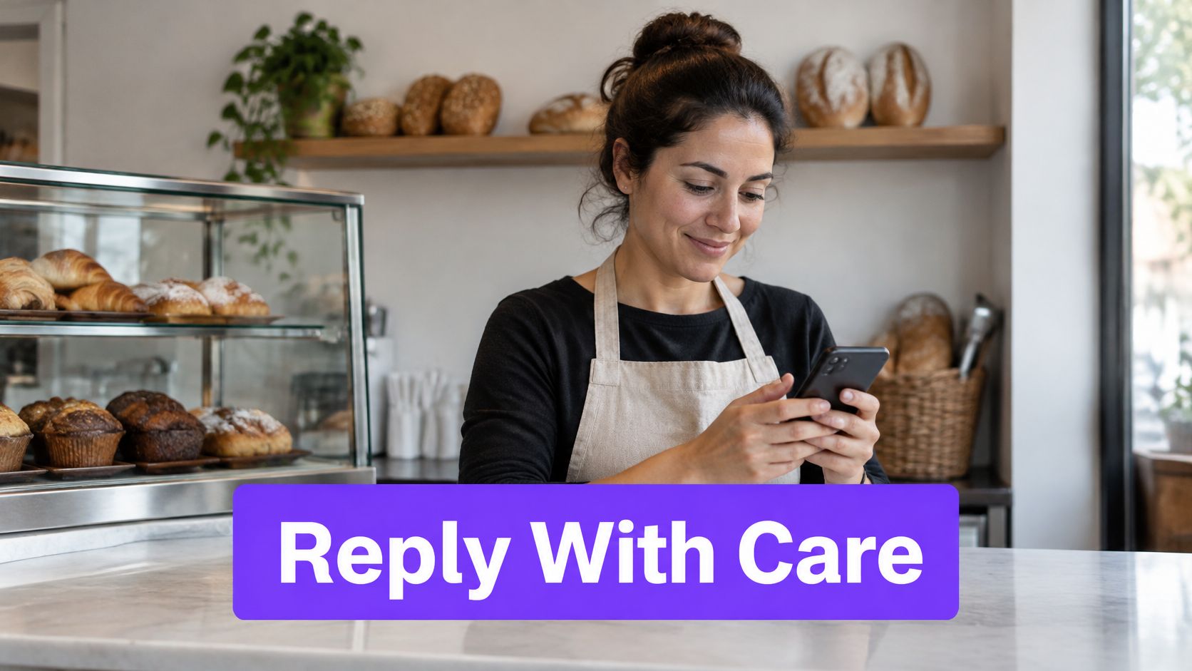 A friendly bakery worker wearing an apron smiles while reading a message on her mobile phone.