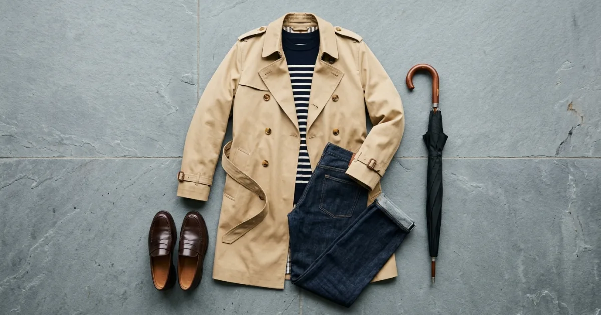 Honey-beige gabardine trench coat layered over a navy and cream striped knit with raw denim jeans, chocolate penny loafers, and black umbrella on a cool slate stone surface