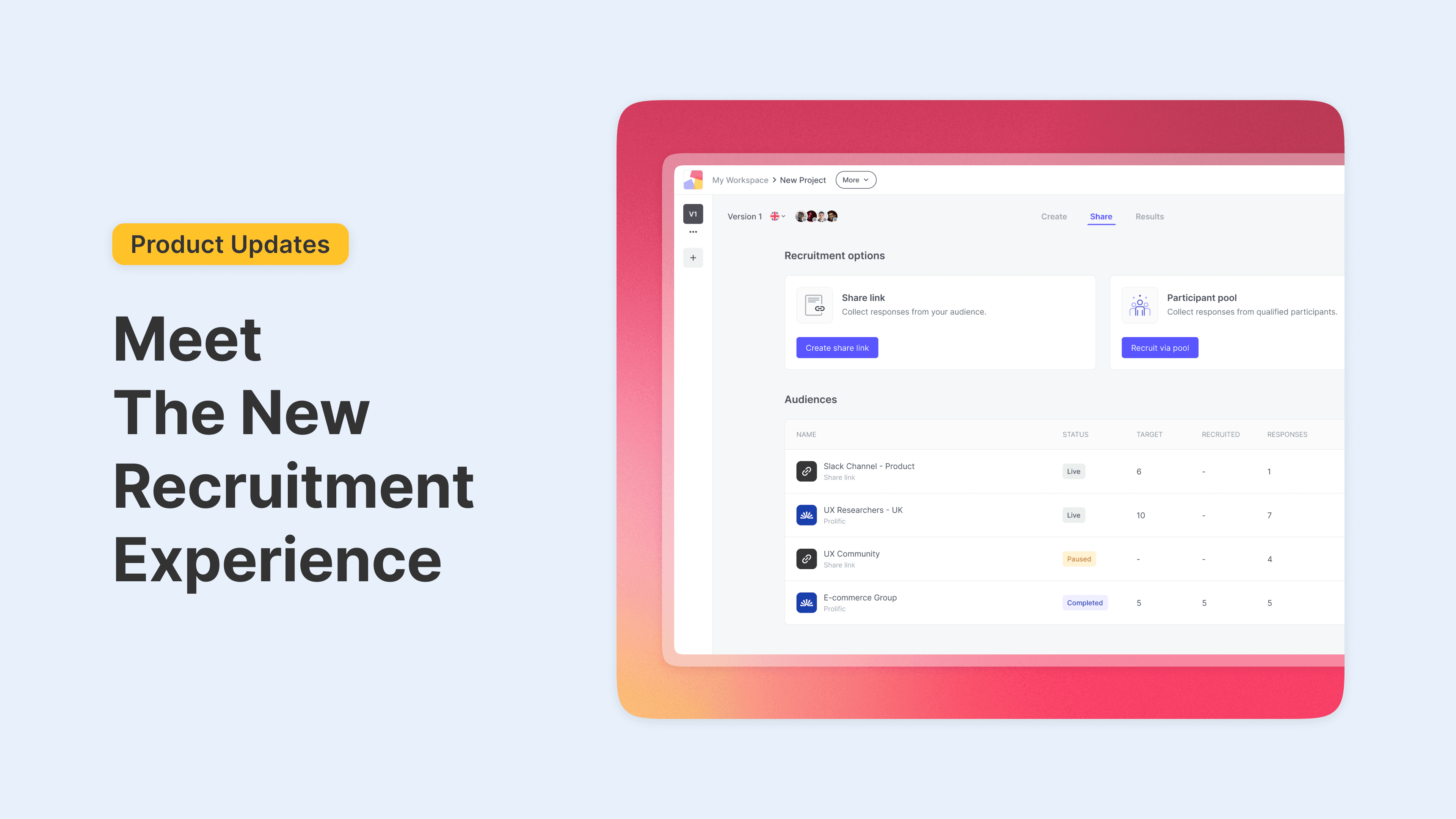 Cover highlights the product update of useberry centered around participant recruitment with a clear UI image of from inside the user testing platform that let's you recruit participants for your UX study