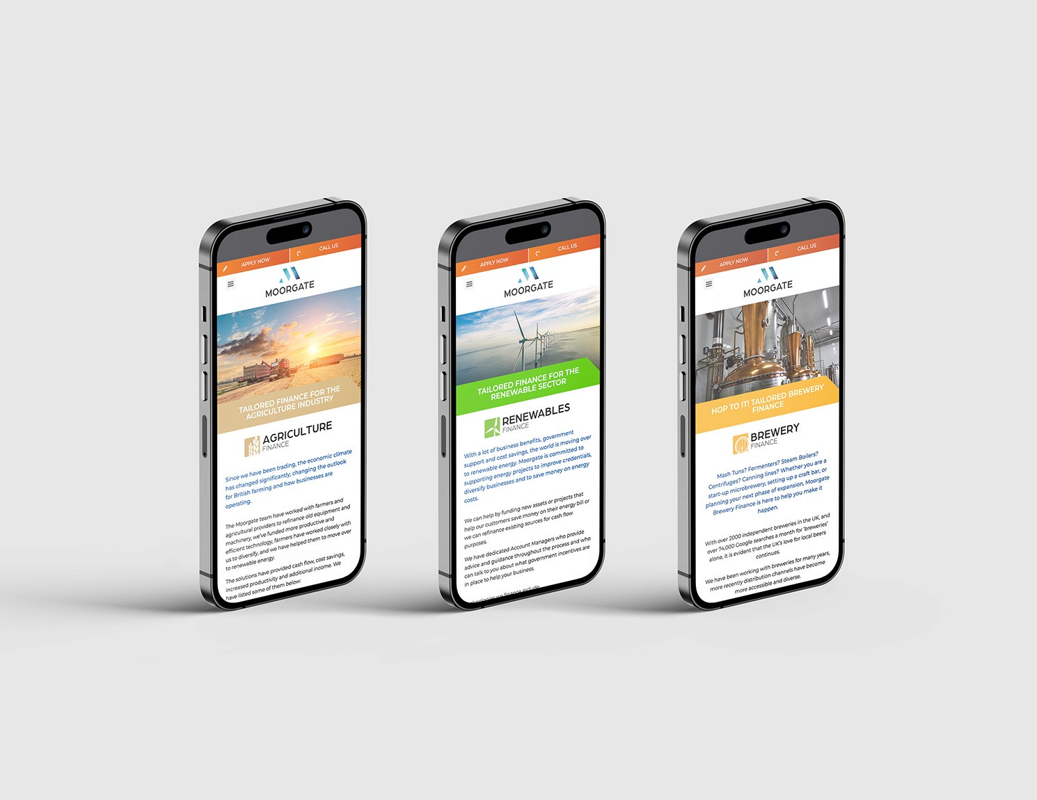 Mockup of some of the Moorgate Finance sector pages on a smartphone screen