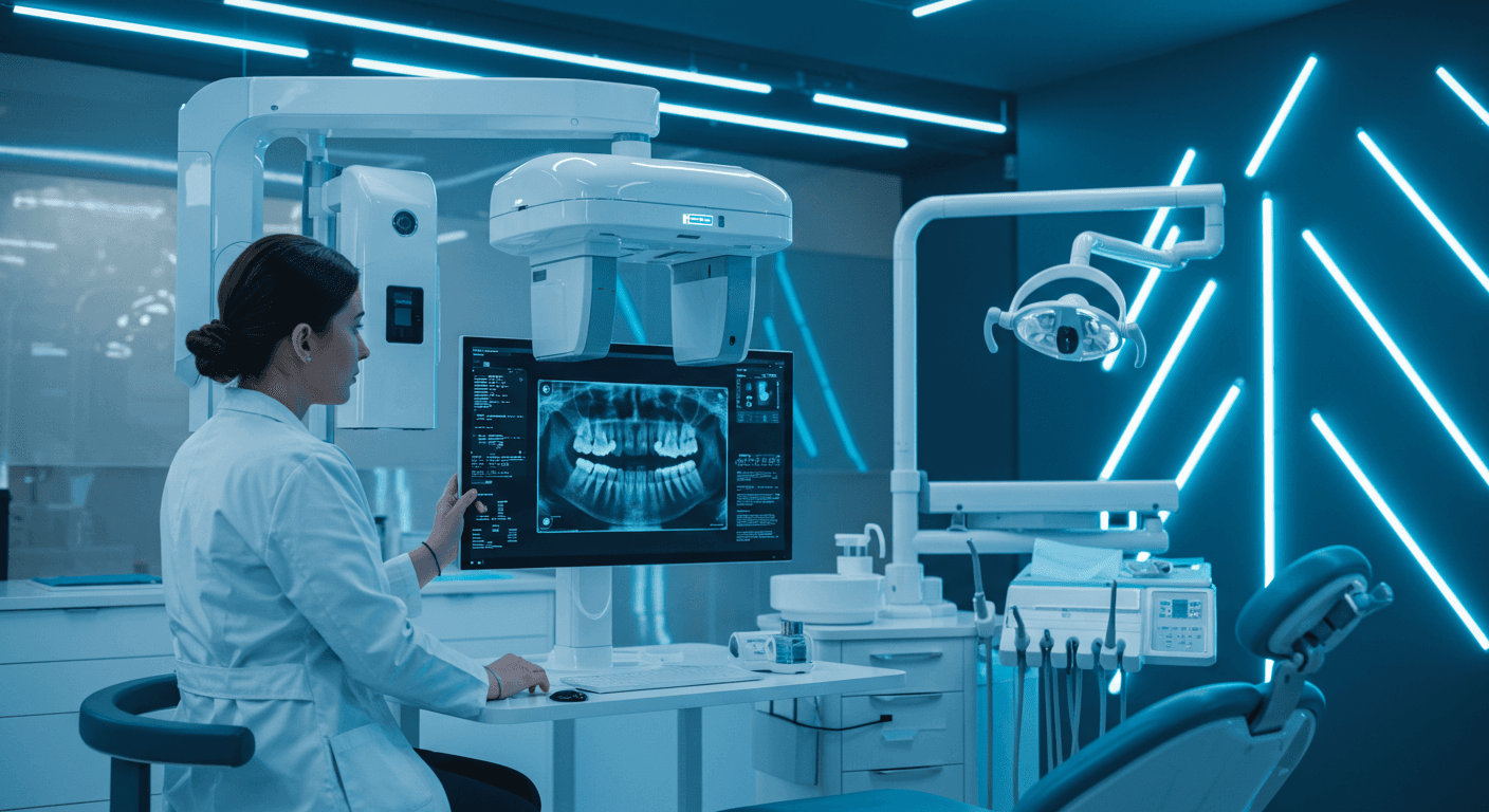 AI-powered dental diagnostic scanner analyzing an X-ray in a modern clinic.