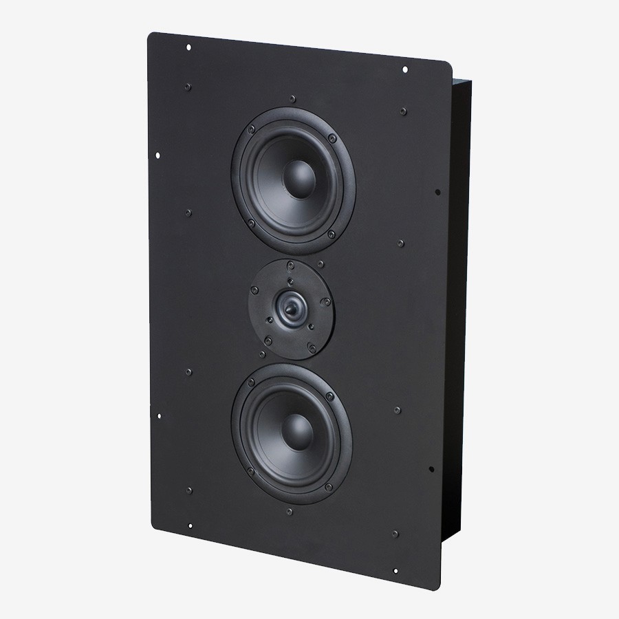 Black stereo speaker with two woofers and one tweeter.