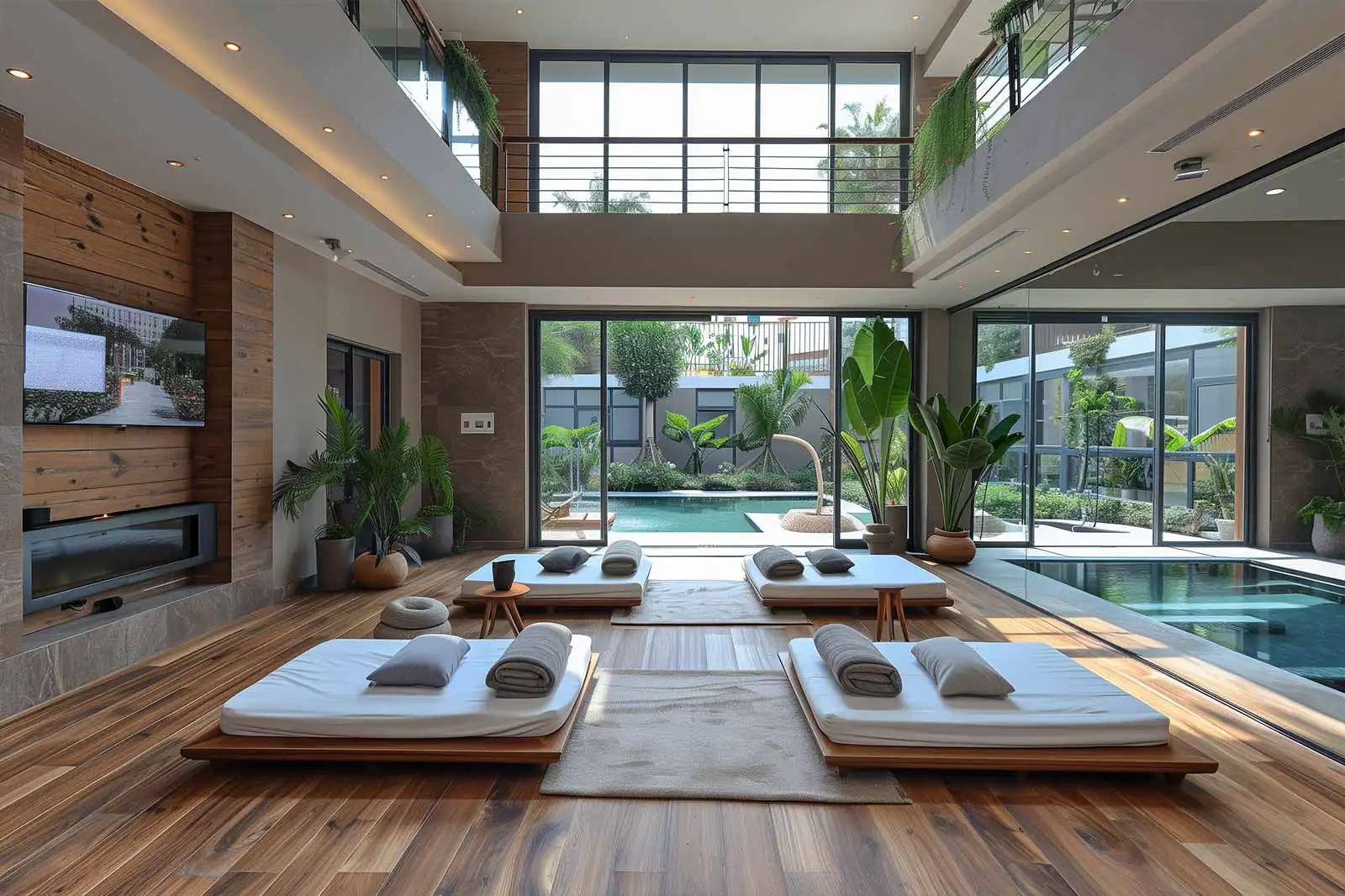 Modern wellness-oriented interior design featuring a spacious room with wooden floors, minimalistic lounge beds, large windows overlooking a lush garden and pool area, and various potted plants for a serene ambiance