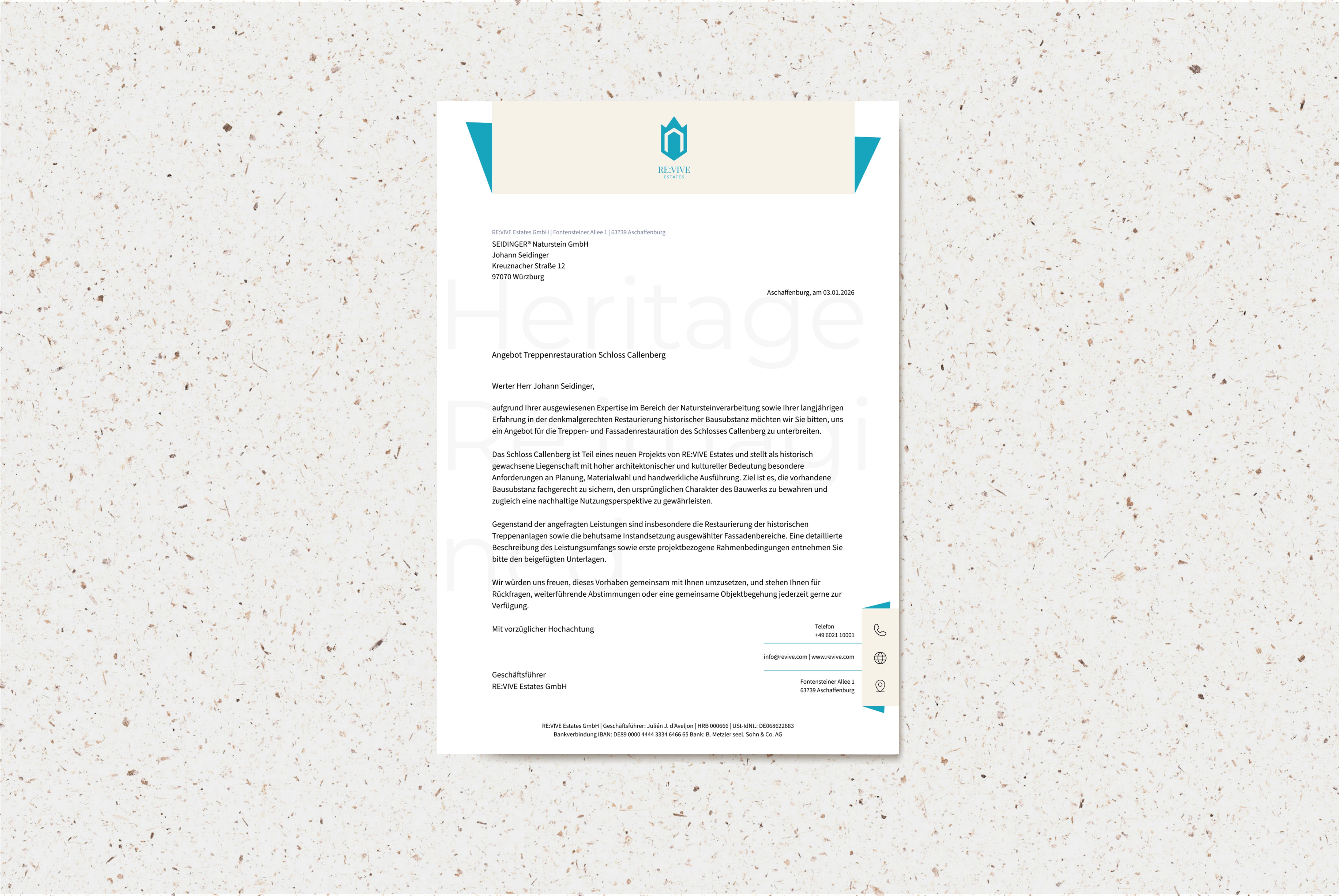 Neues Corporate-Design-Layout des Geschäftsbriefes von RE:VIVE Estates, das Markenidentität, Typografie und strukturierte Informationshierarchie zeigt.