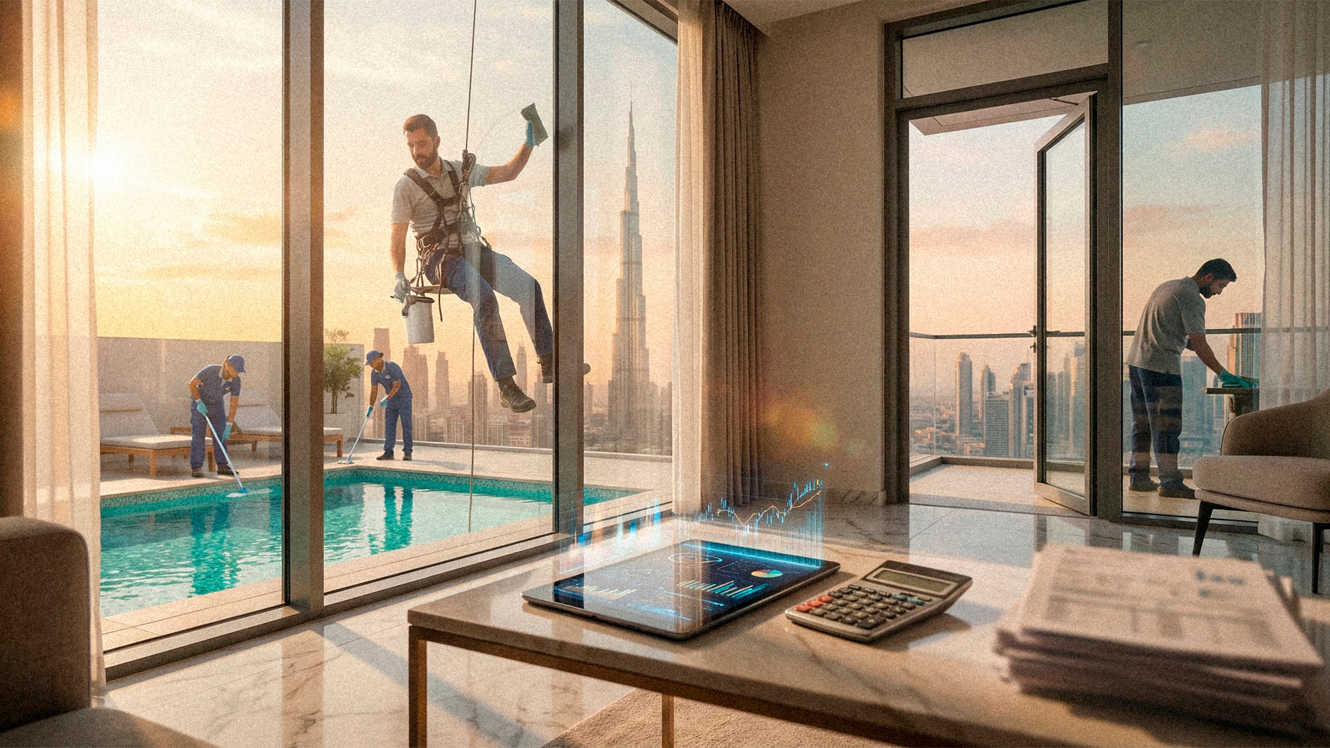 Propiedad inmobiliaria de lujo en Dubái con mantenimiento de piscina y limpieza del apartamento mientras se analiza la rentabilidad de la inversión.